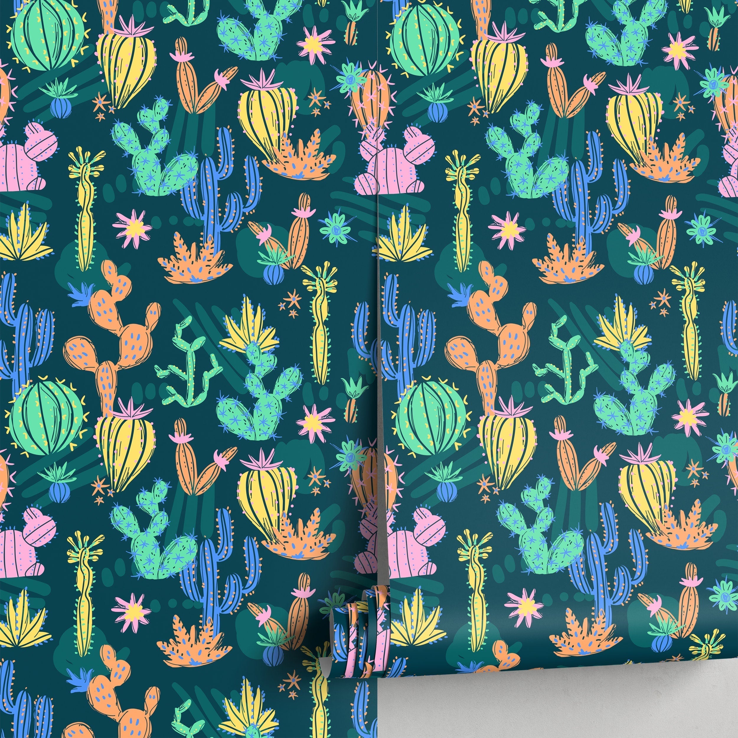 Cactus Wallpaper With Illustrated Desert Plants In Pink, Yellow, And Blue - A910