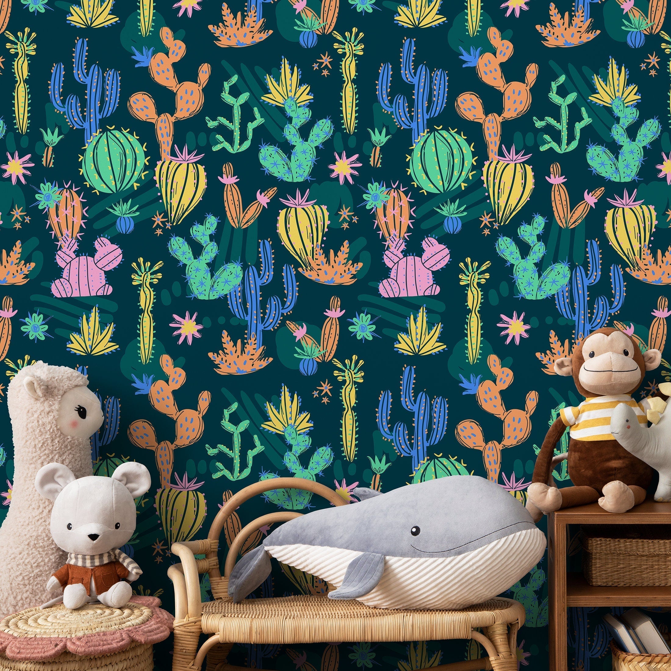 Cactus Wallpaper With Illustrated Desert Plants In Pink, Yellow, And Blue - A910