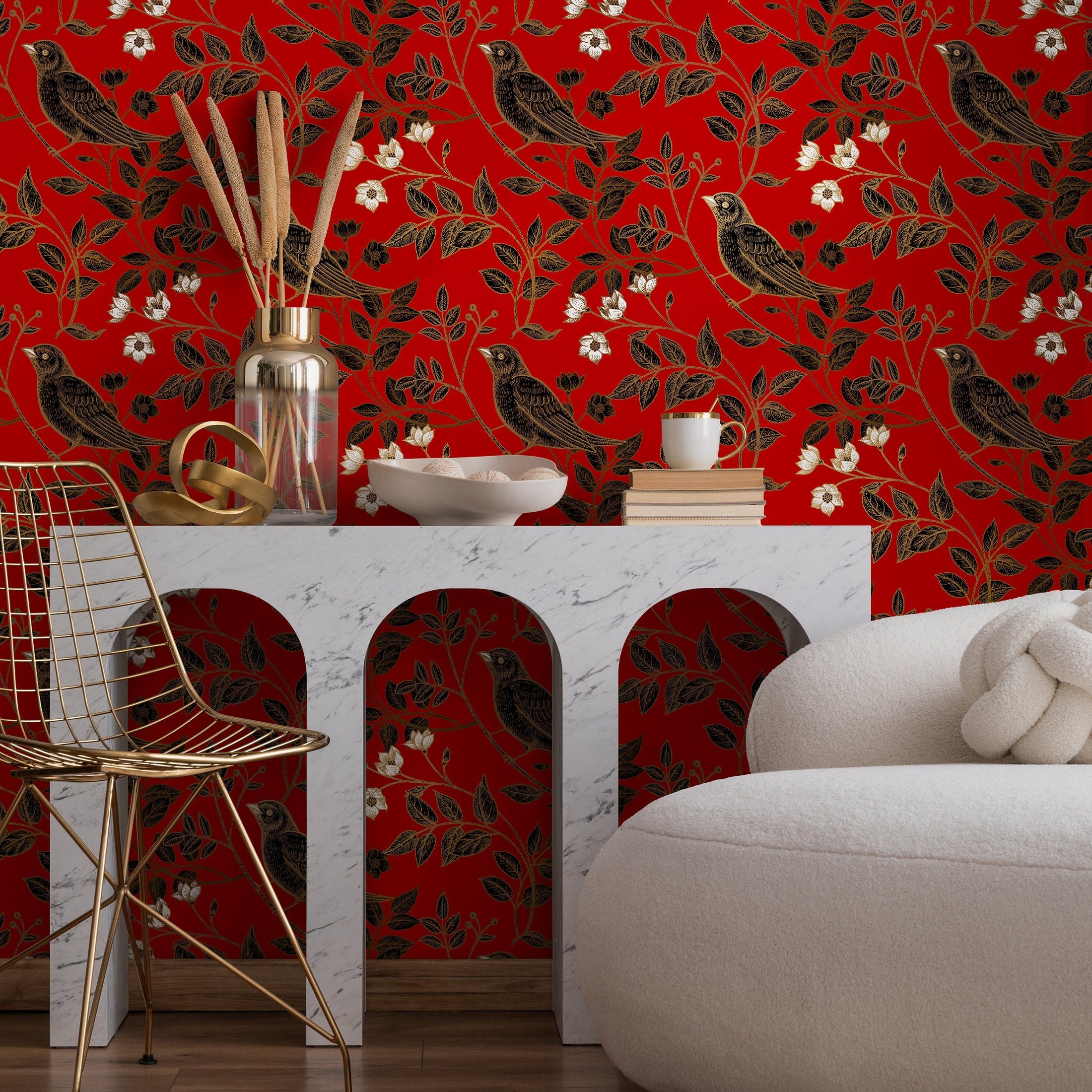 Bird Wallpaper With Floral Branches In Red, Black, And Gold - A924