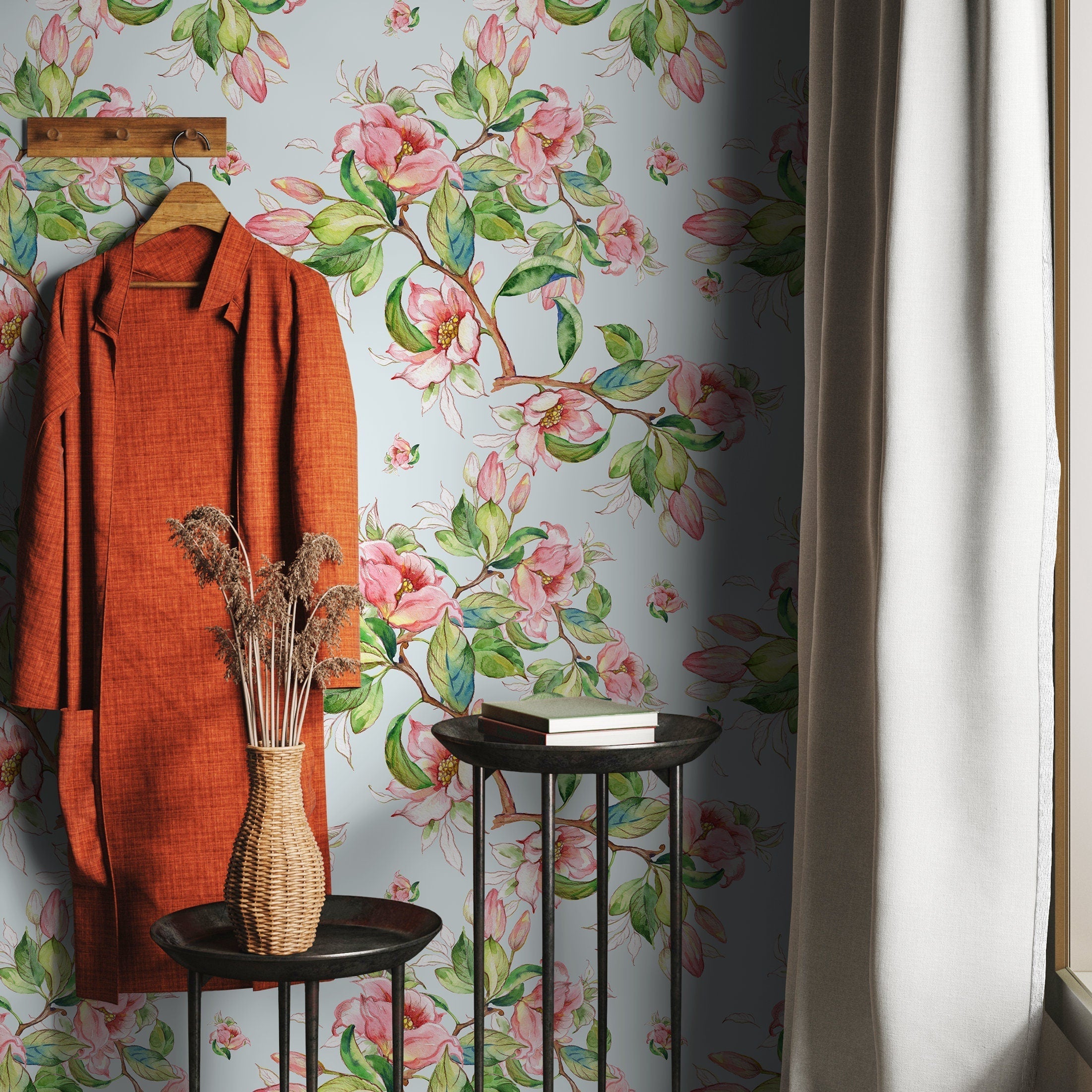 Floral Wallpaper With Watercolor Flowering Branches In Pink, Green, And Blue - A978