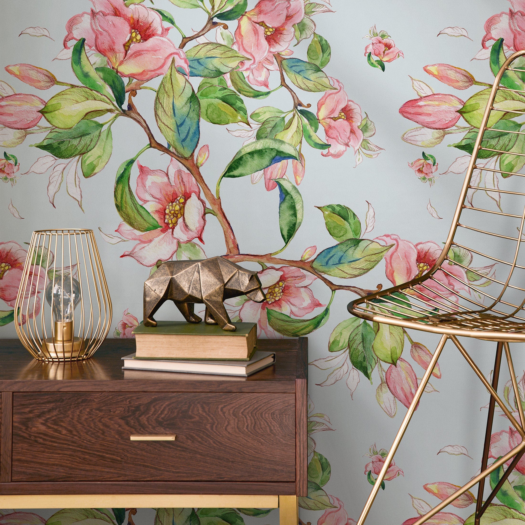 Floral Wallpaper With Watercolor Flowering Branches In Pink, Green, And Blue - A978