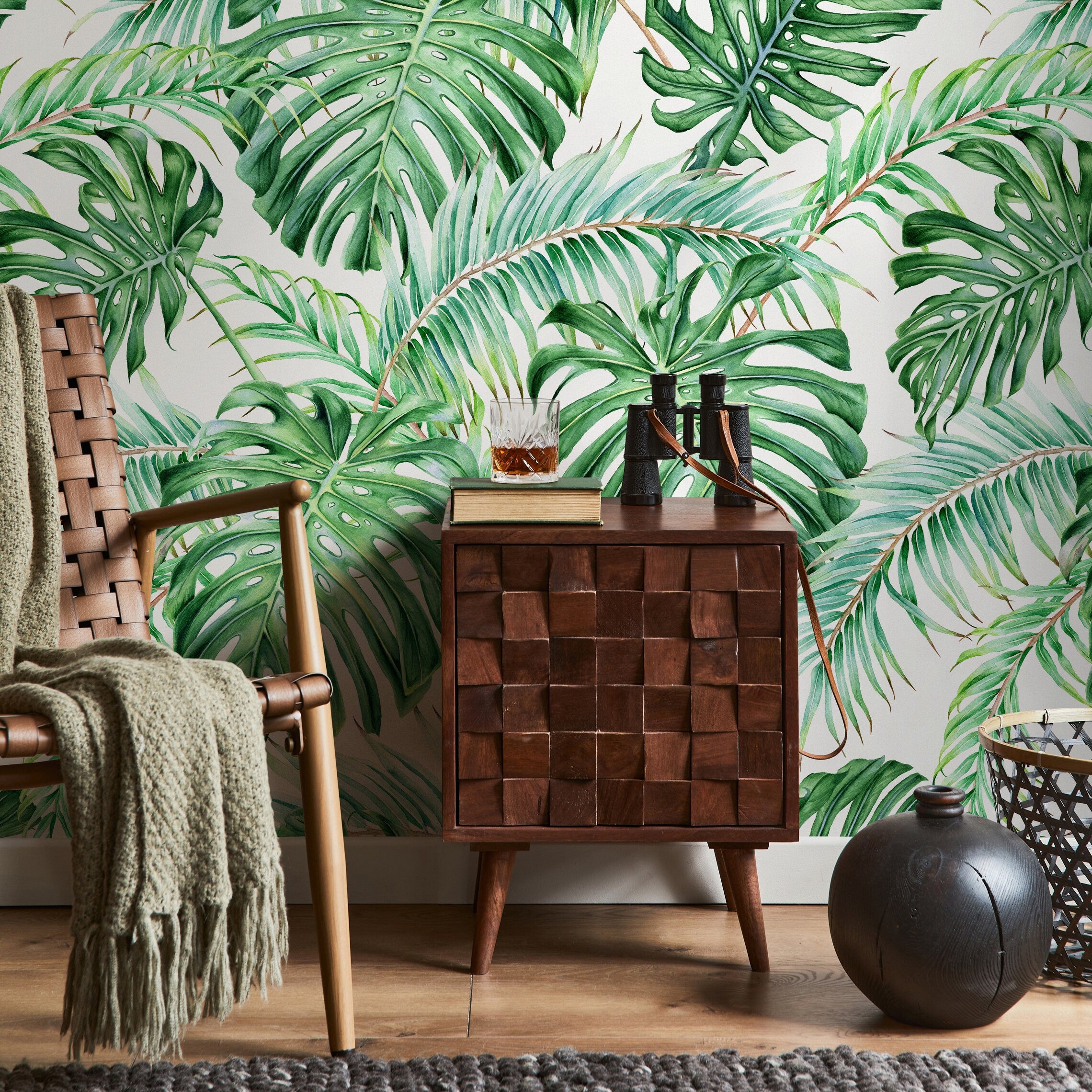 Tropical Wallpaper With Watercolor Monstera And Palm Leaves In Green - A013