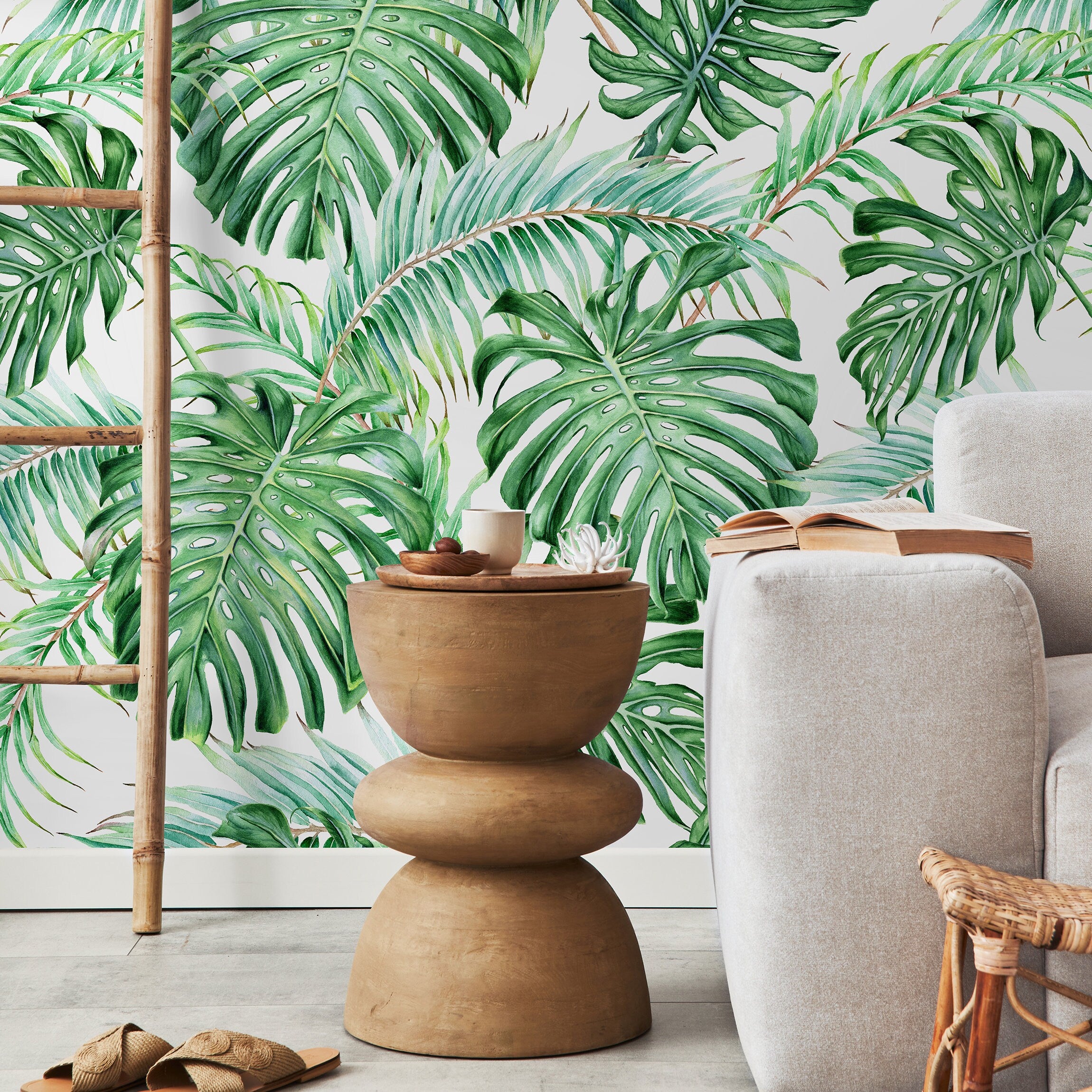 Tropical Wallpaper With Watercolor Monstera And Palm Leaves In Green - A013