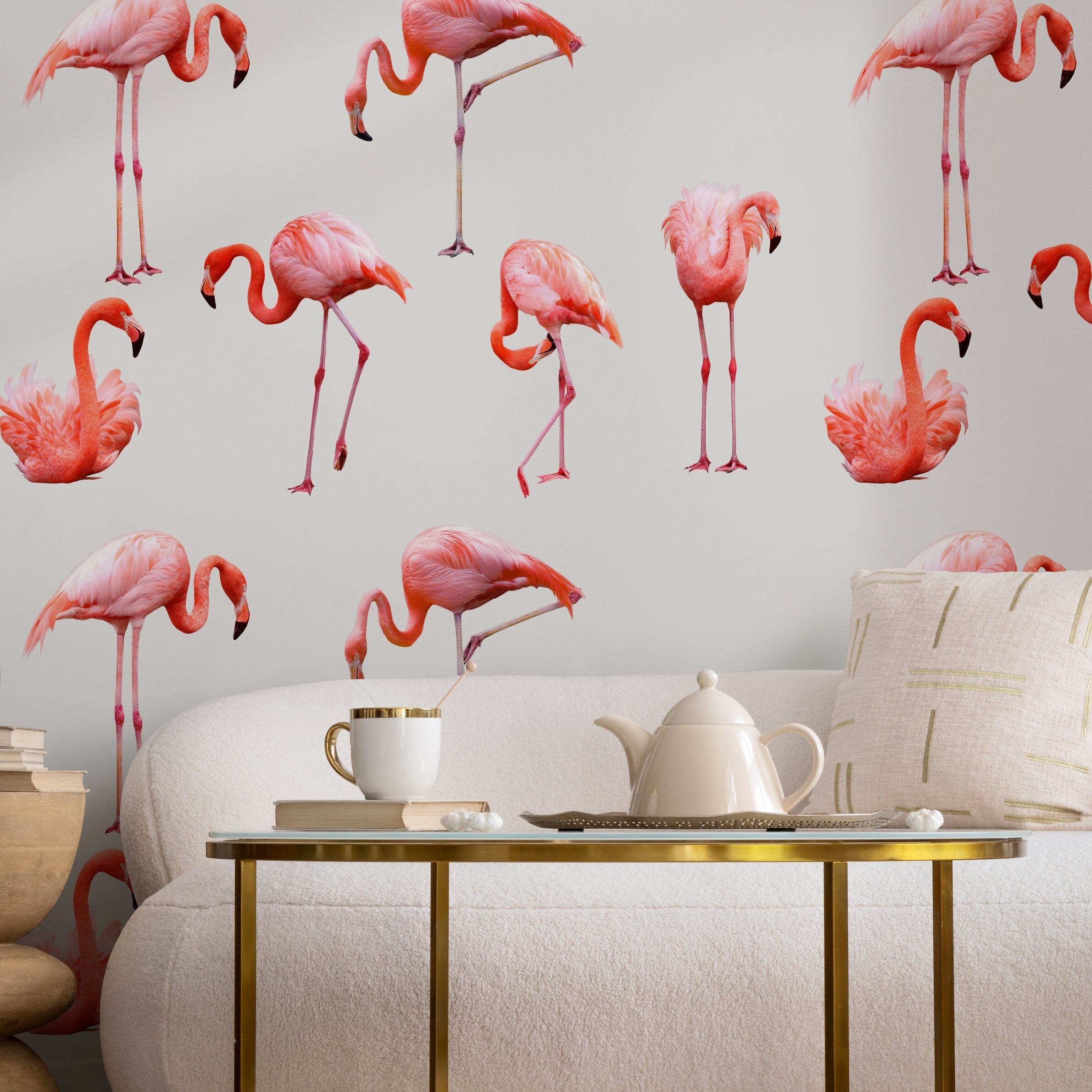 Bird Wallpaper With A Tropical Flamingo Motif In Pink And Coral - D987