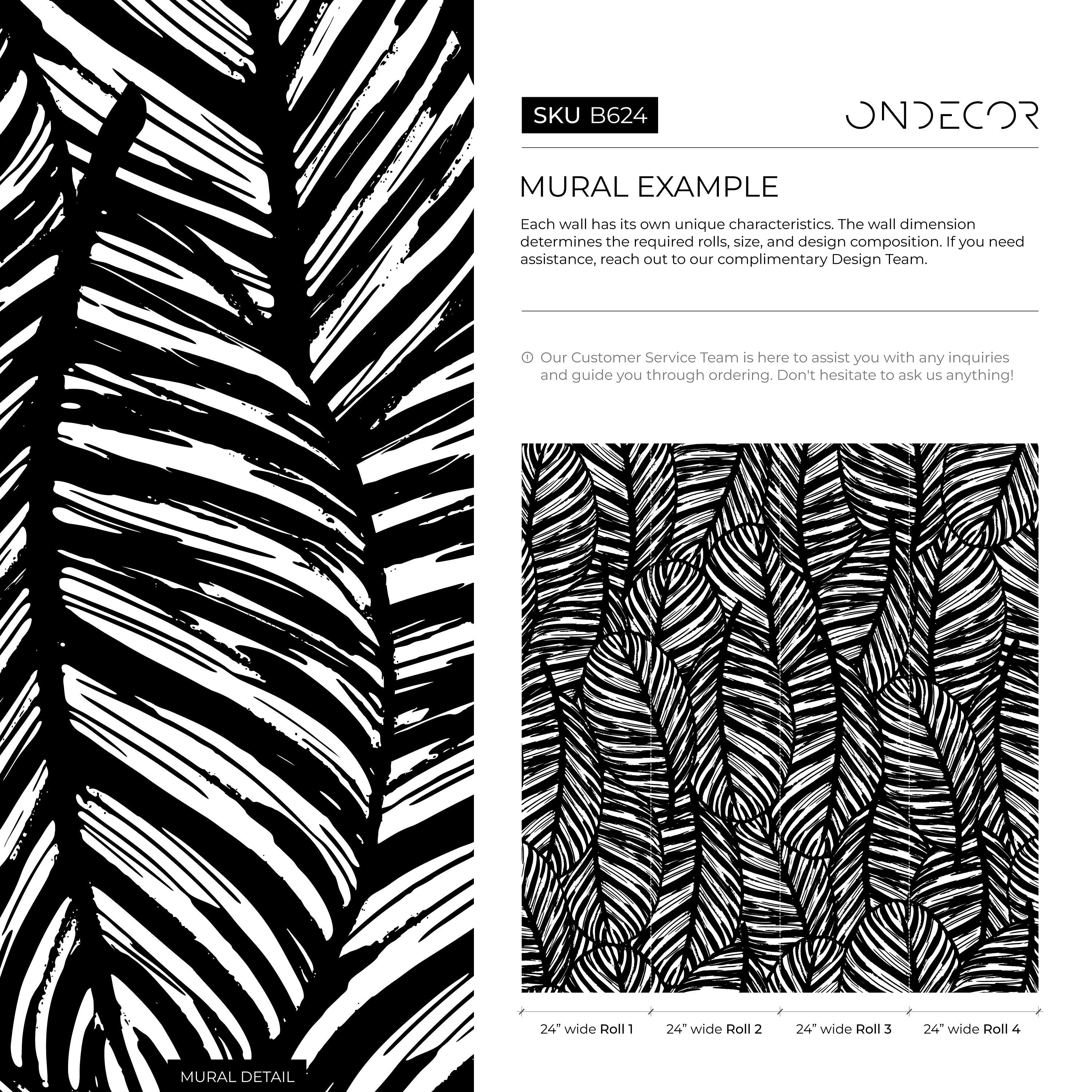 Botanical Wallpaper Featuring A Bold Palm Leaf Motif In Black And White - B624