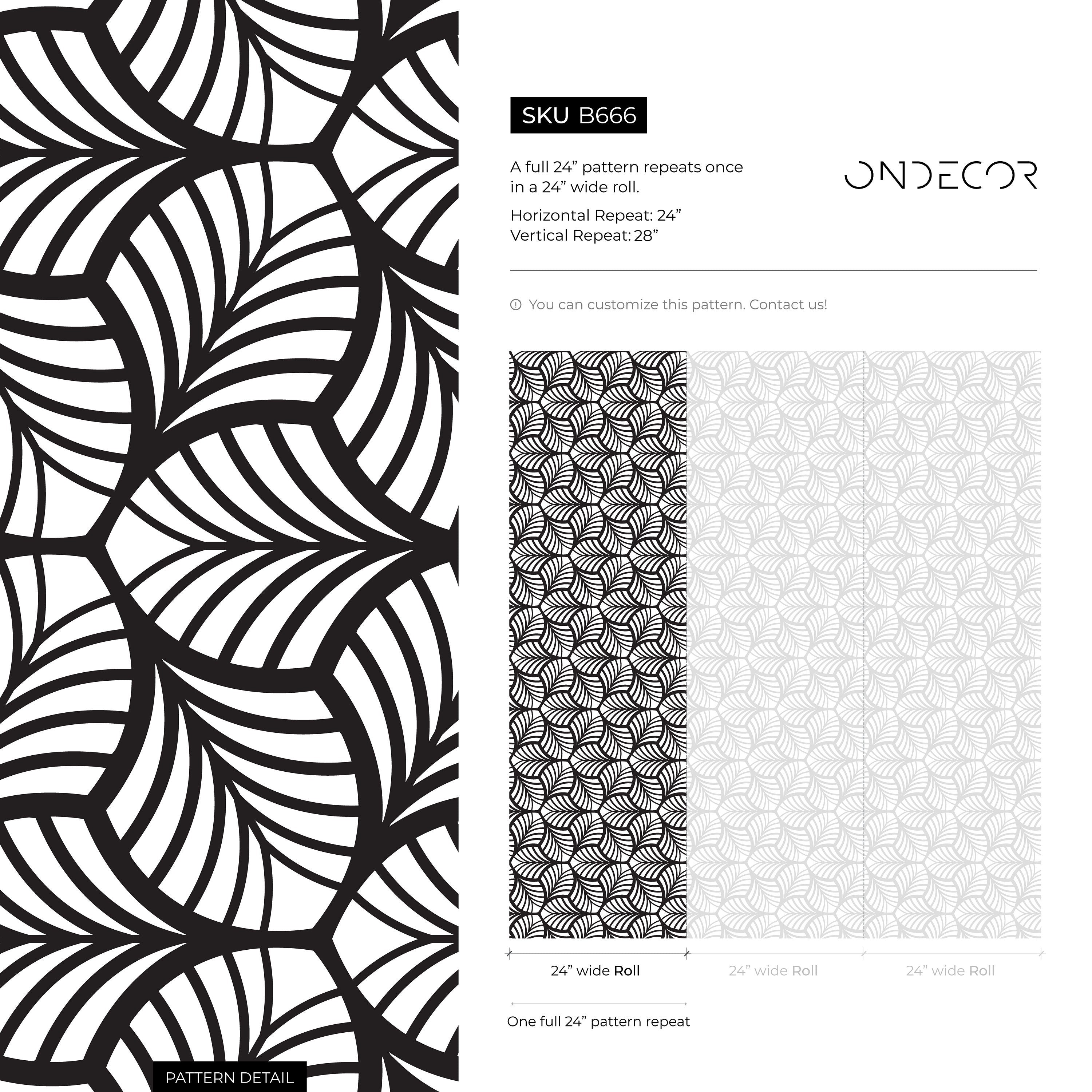 Art Deco Wallpaper With A Fan-like Leaf Motif In Black And White - B666