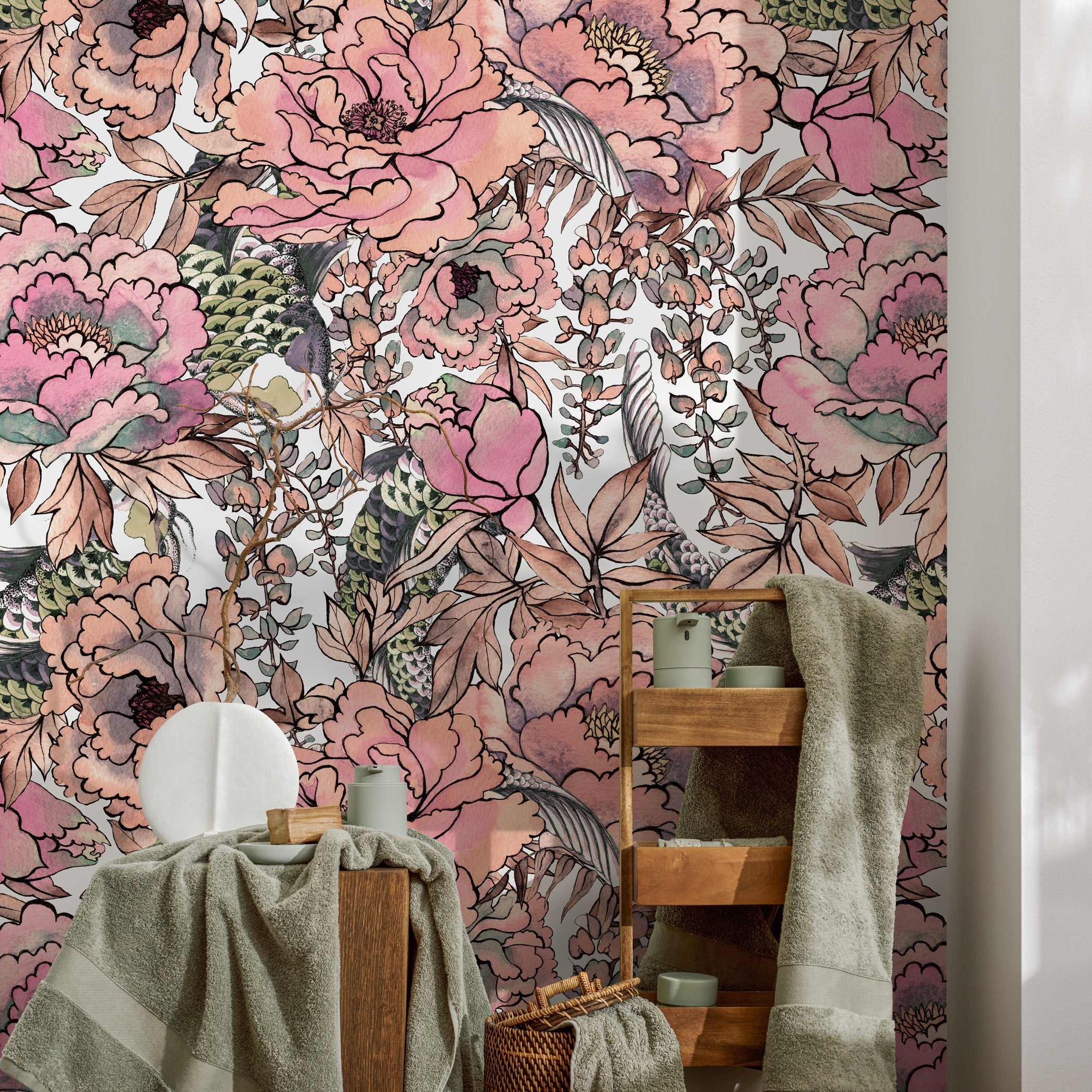 Floral Wallpaper With A Watercolor Peony And Peacock Motif In Pink, Green, And Brown - A615