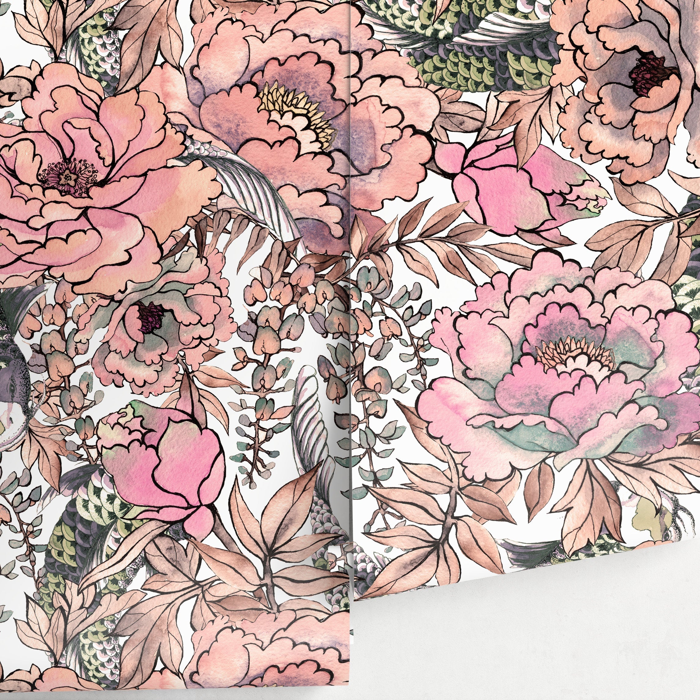 Floral Wallpaper With A Watercolor Peony And Peacock Motif In Pink, Green, And Brown - A615
