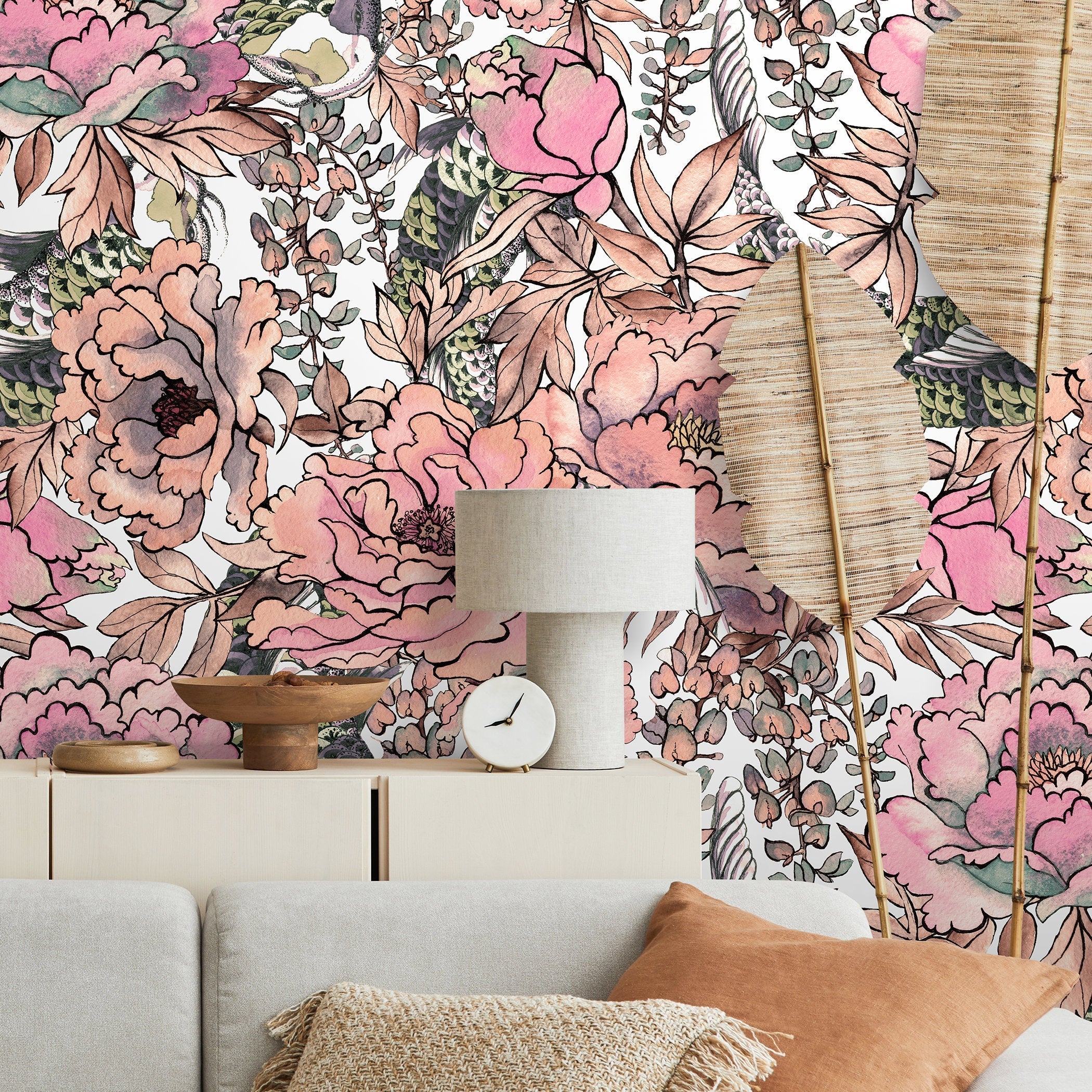 Floral Wallpaper With A Watercolor Peony And Peacock Motif In Pink, Green, And Brown - A615