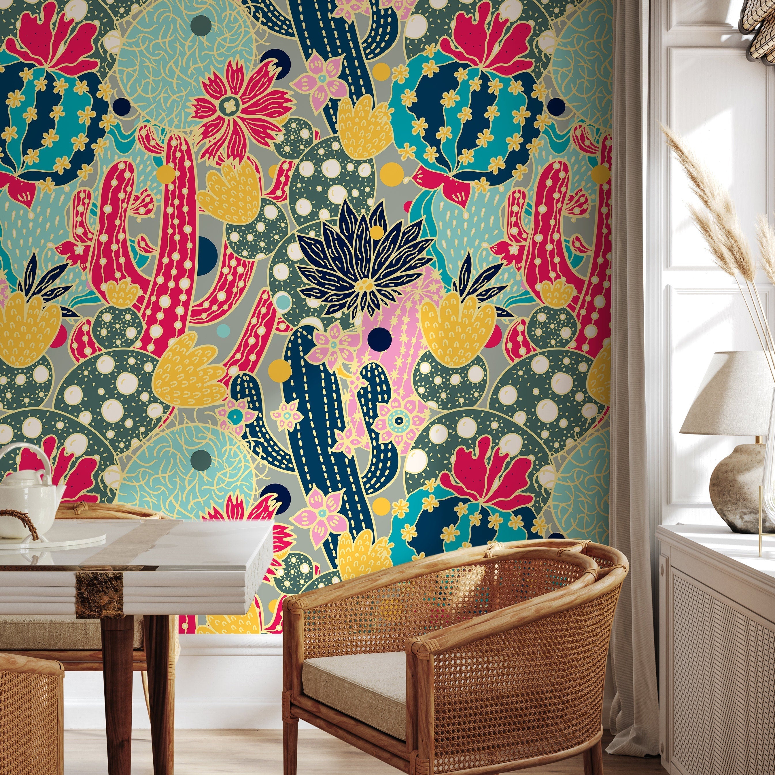 Contemporary Wallpaper Featuring A Bold Cactus Motif In Pink, Blue, And Yellow - A884