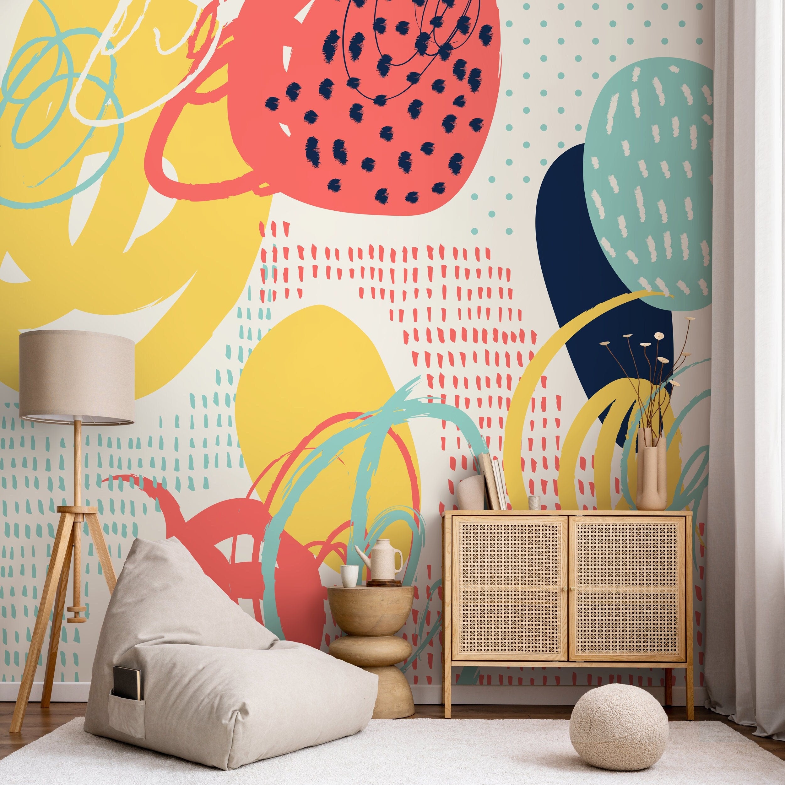 Abstract Wallpaper With Bold Artistic Shapes In Coral, Yellow, And Teal - A745