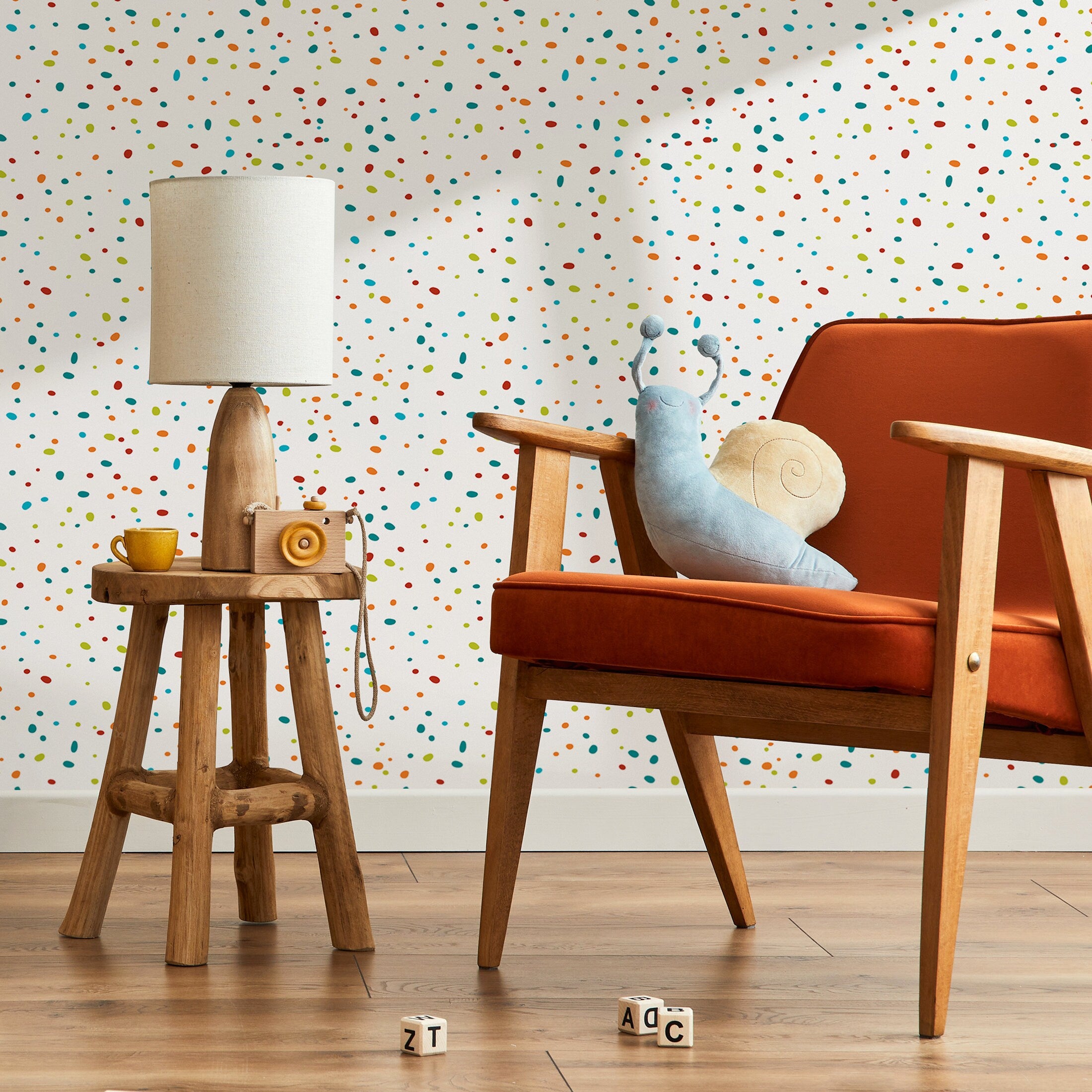 Confetti Wallpaper With A Scattered Dot Motif In Red, Orange, And Blue - B069