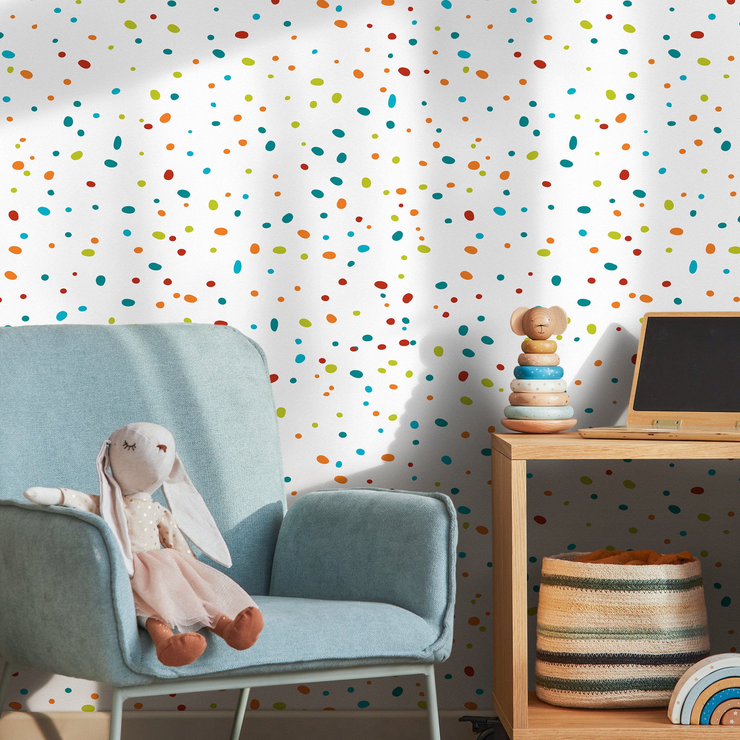 Confetti Wallpaper With A Scattered Dot Motif In Red, Orange, And Blue - B069