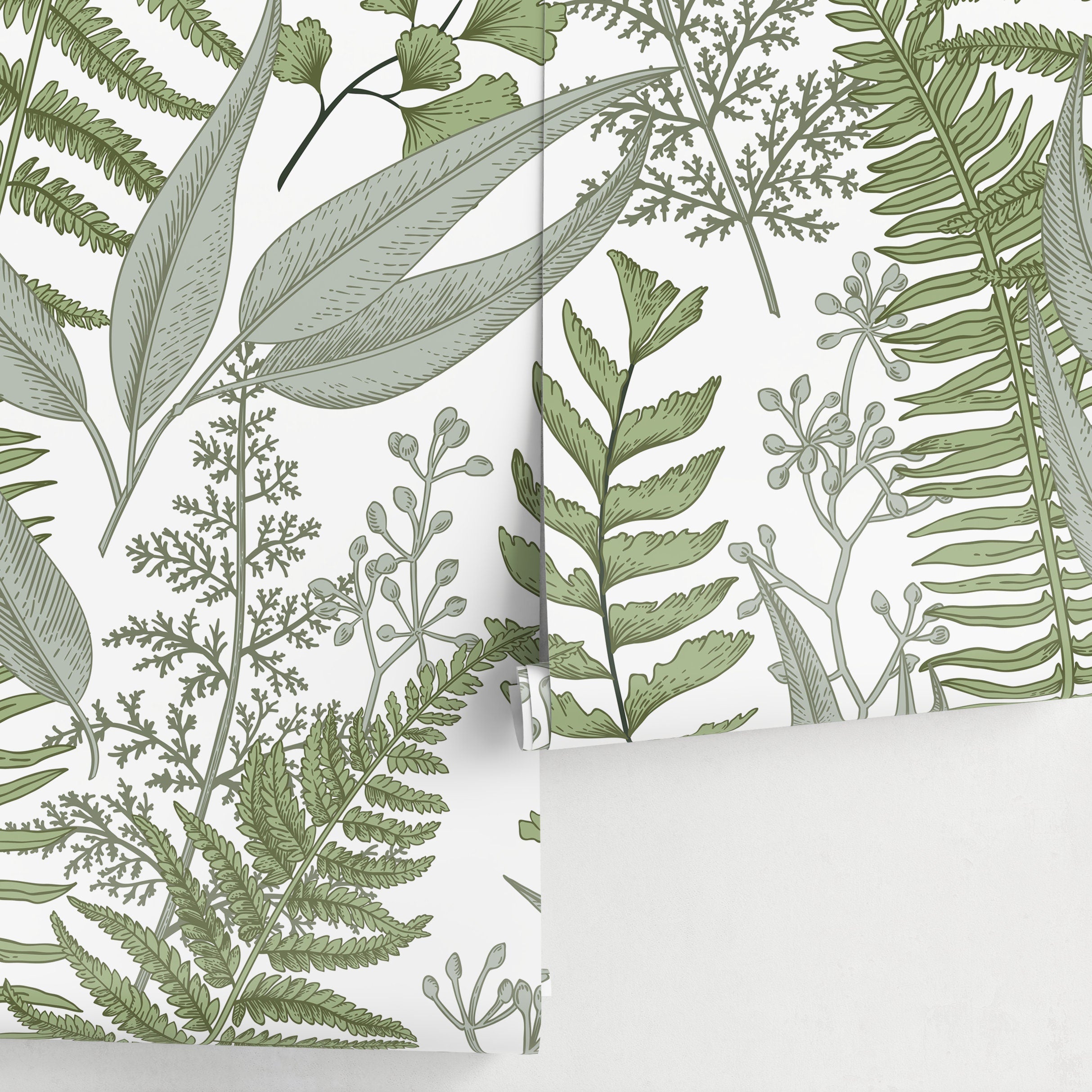Botanical Wallpaper With Illustrated Fern And Foliage In Green And Sage - A530