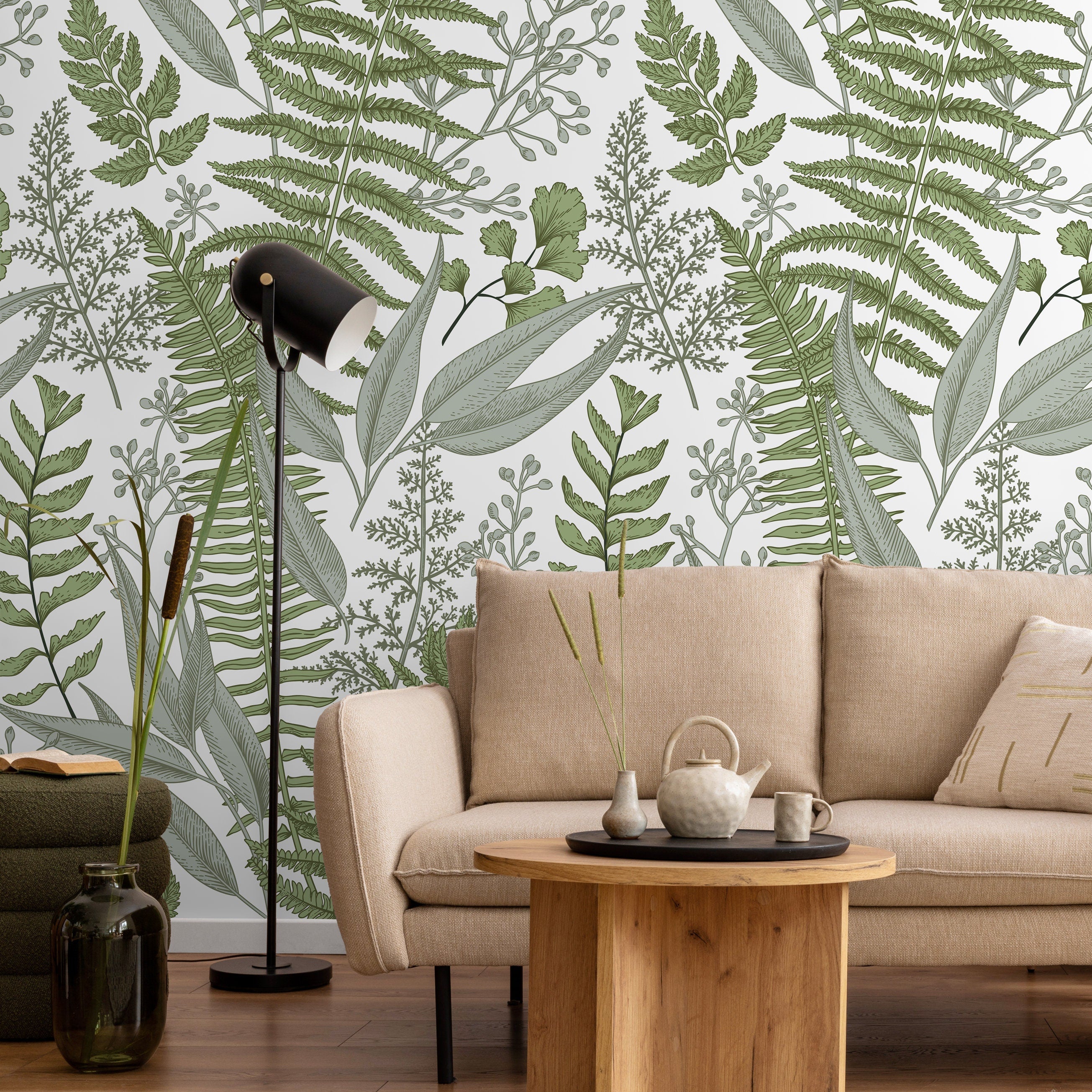 Botanical Wallpaper With Illustrated Fern And Foliage In Green And Sage - A530