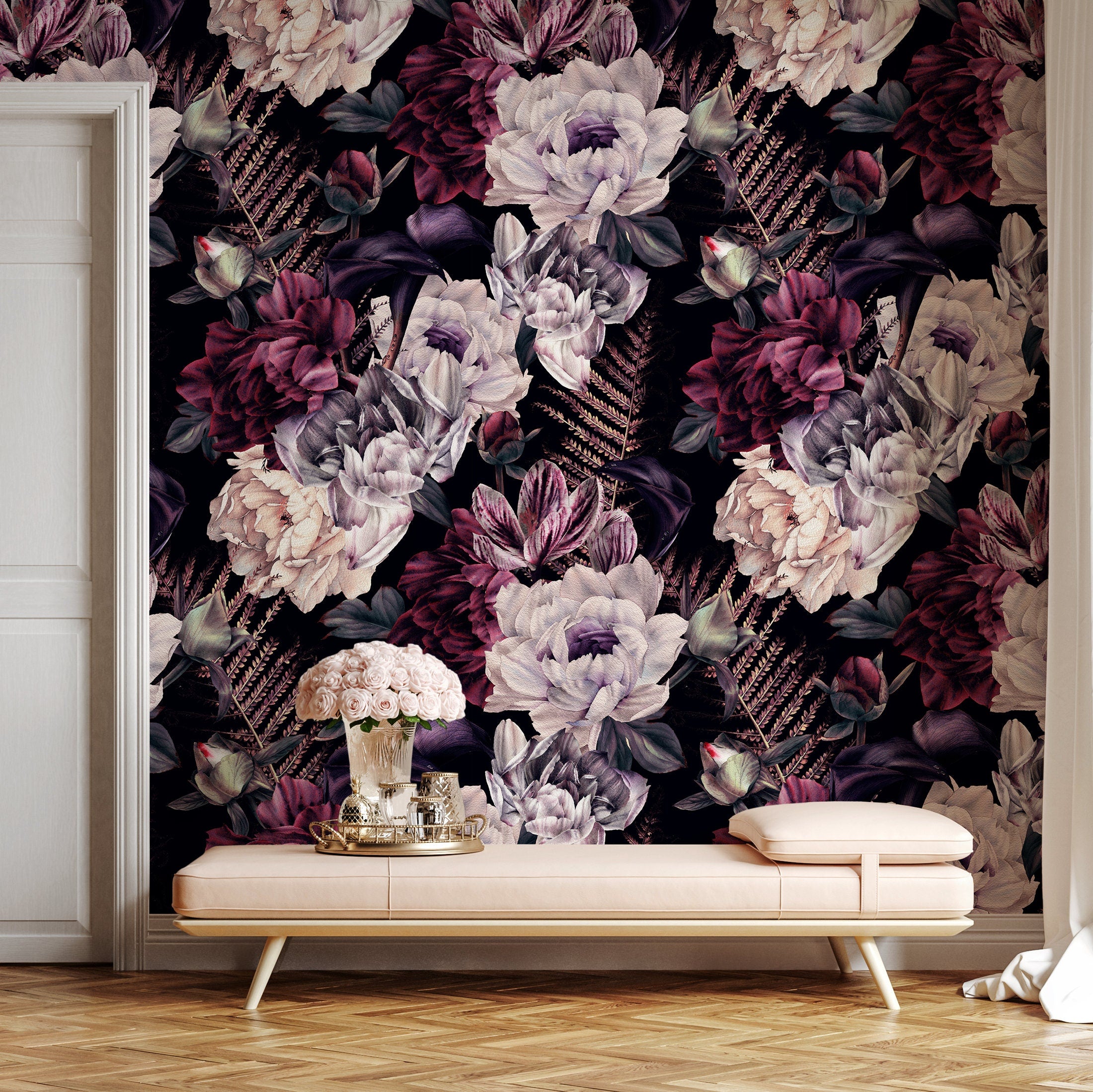 Floral Wallpaper Featuring Lush Dark Peonies In Burgundy And Lavender - A850