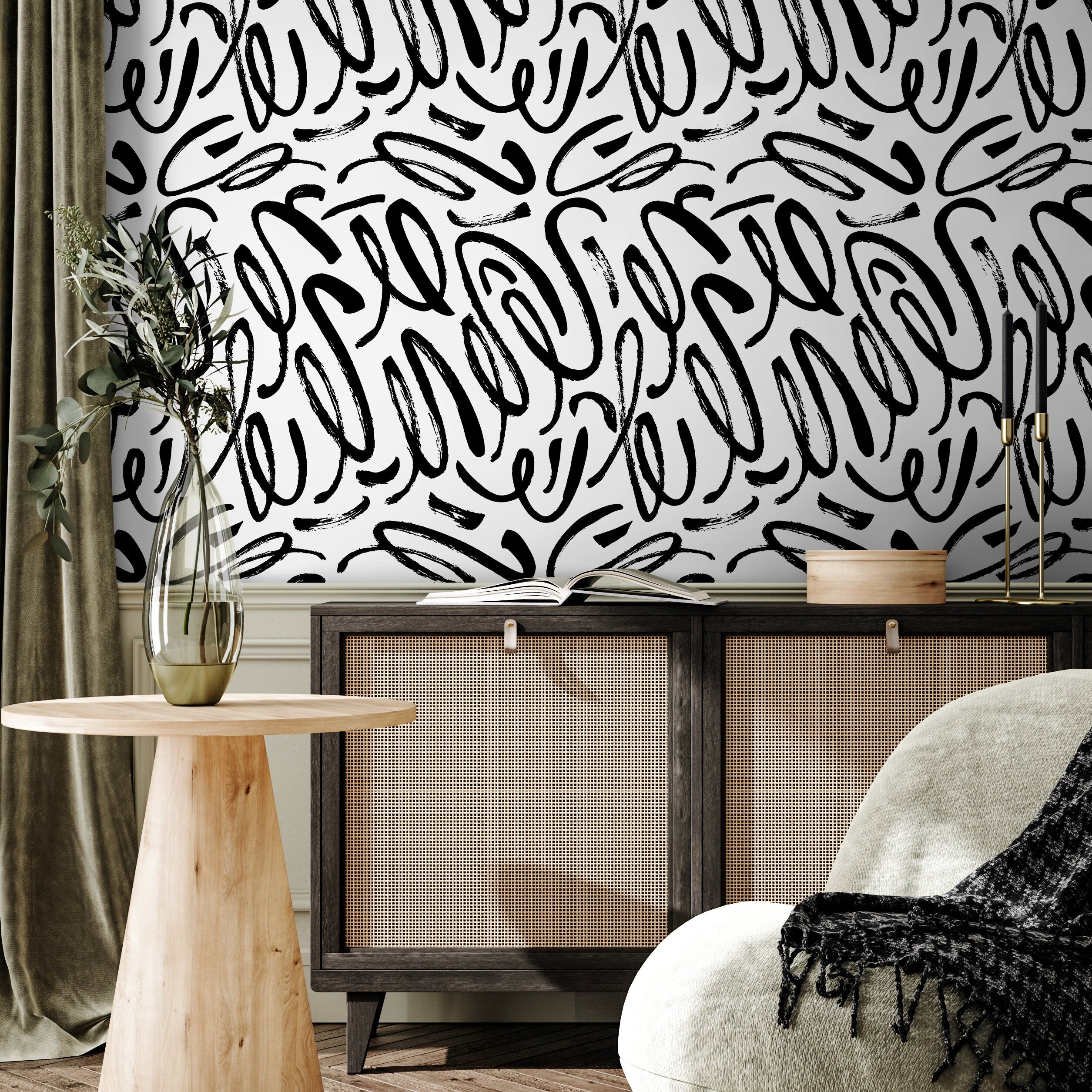 Abstract Wallpaper With Bold Brush Strokes In Black And White - A589