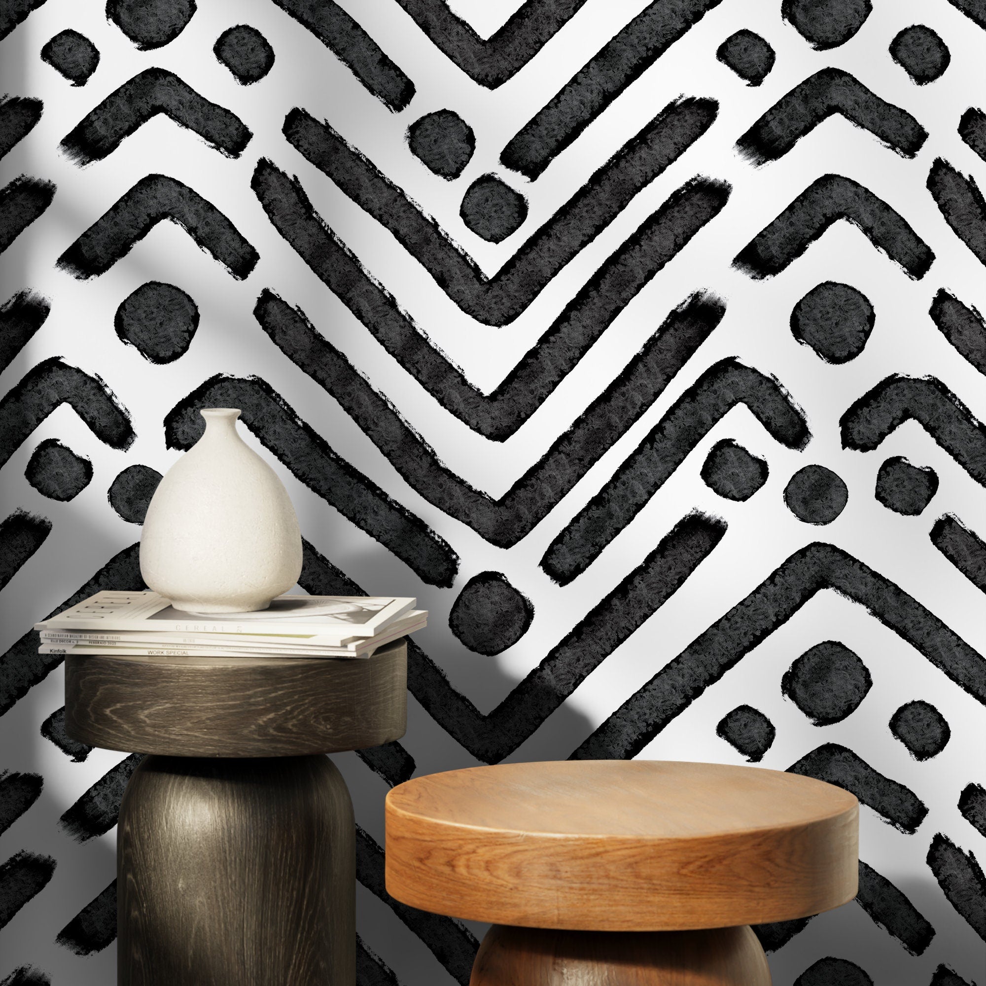 Geometric Wallpaper With A Hand-painted Chevron Motif In Black And White - X104