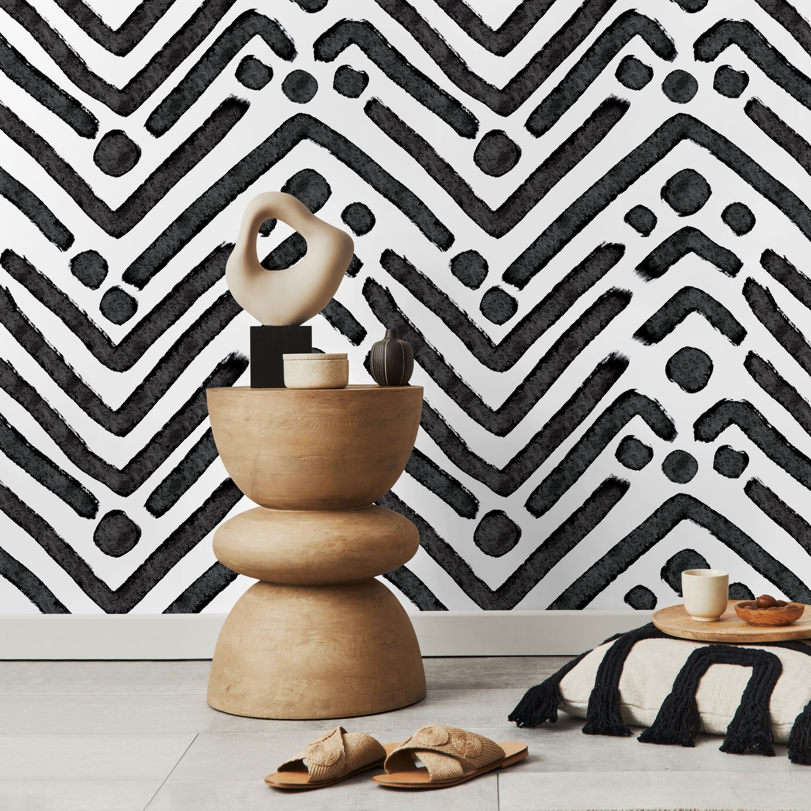 Geometric Wallpaper With A Hand-painted Chevron Motif In Black And White - X104