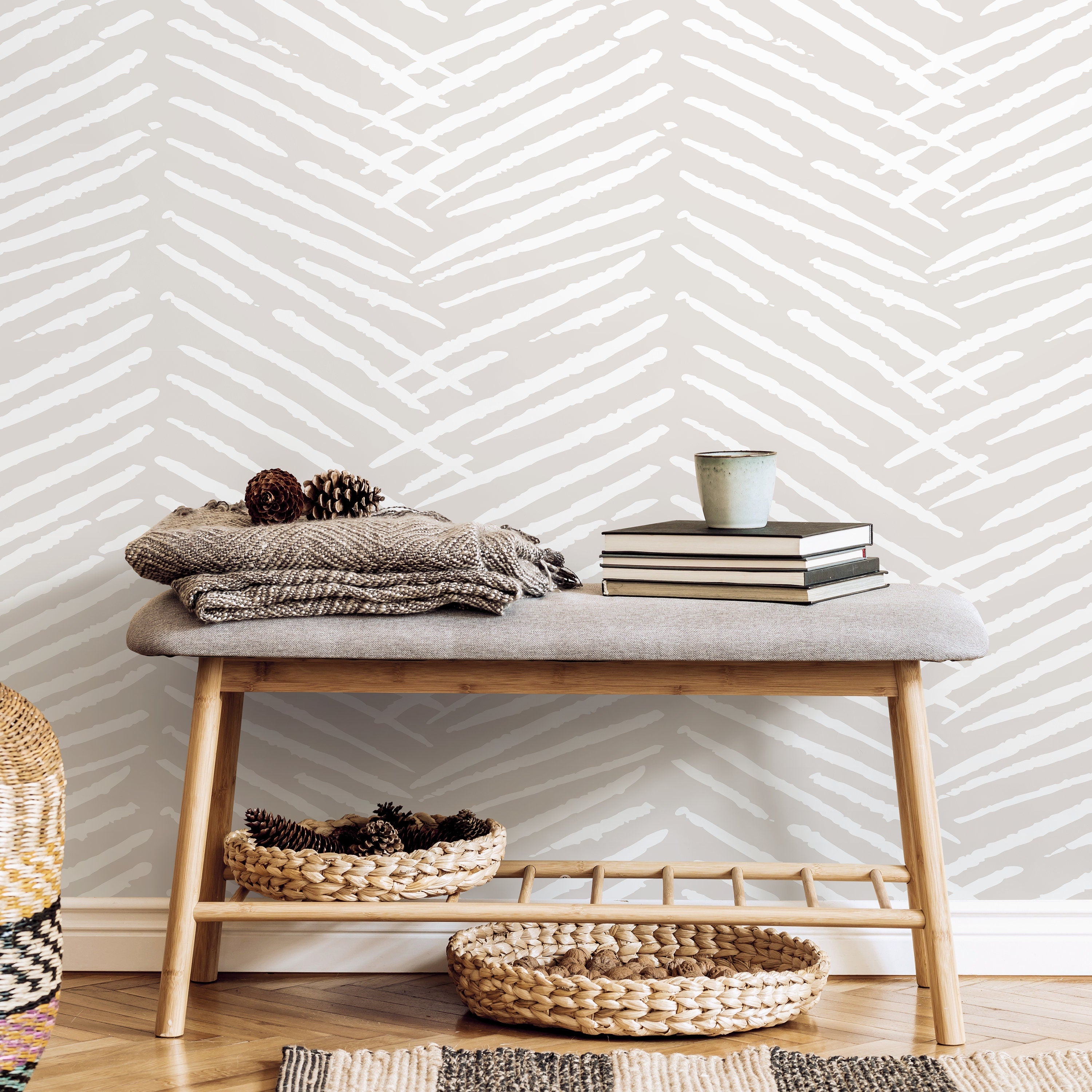 Abstract Wallpaper With A Textured Herringbone Motif In Nude Beige And White - C519