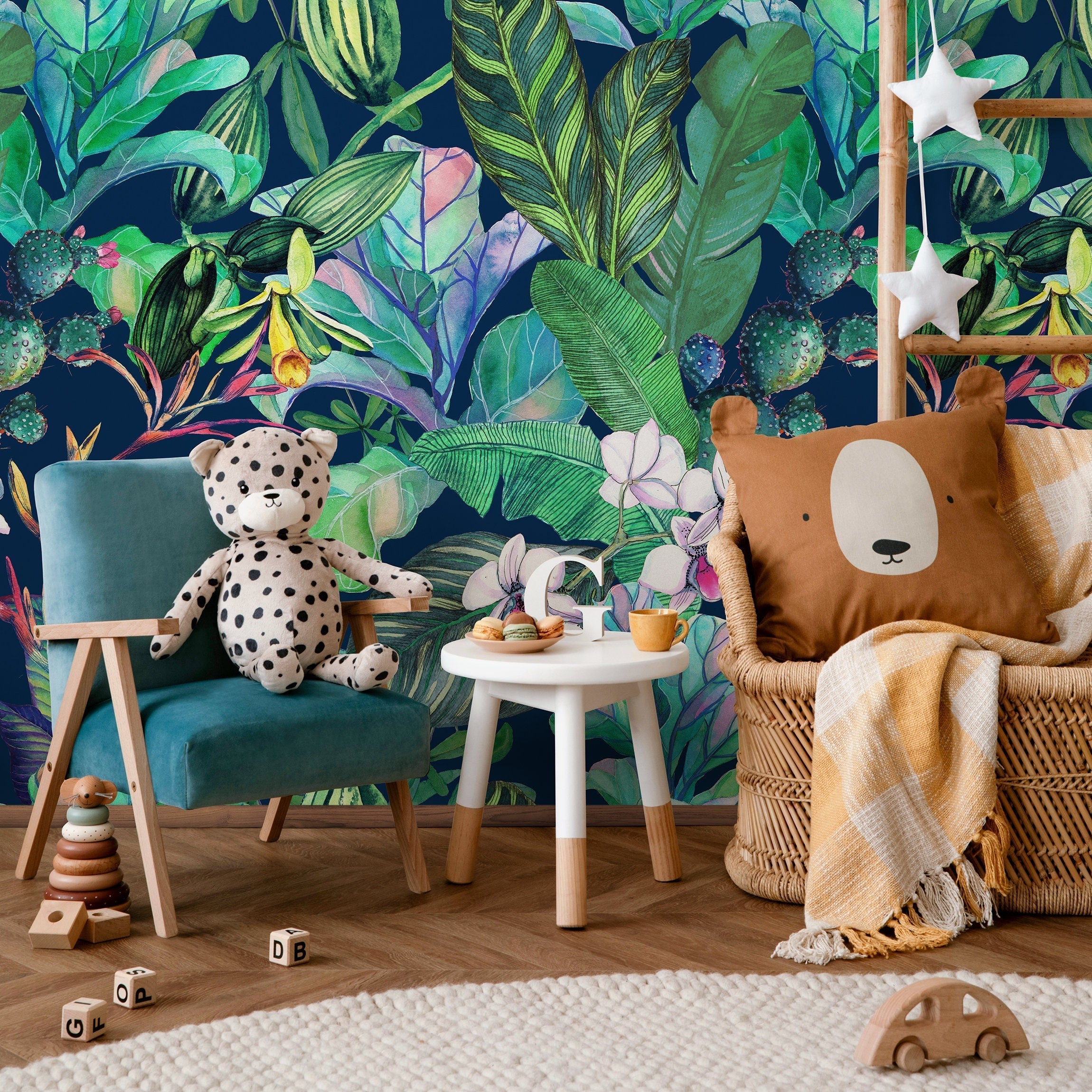 Tropical Wallpaper With Orchids And Jungle Leaves In Navy, Green, And Pink - B141