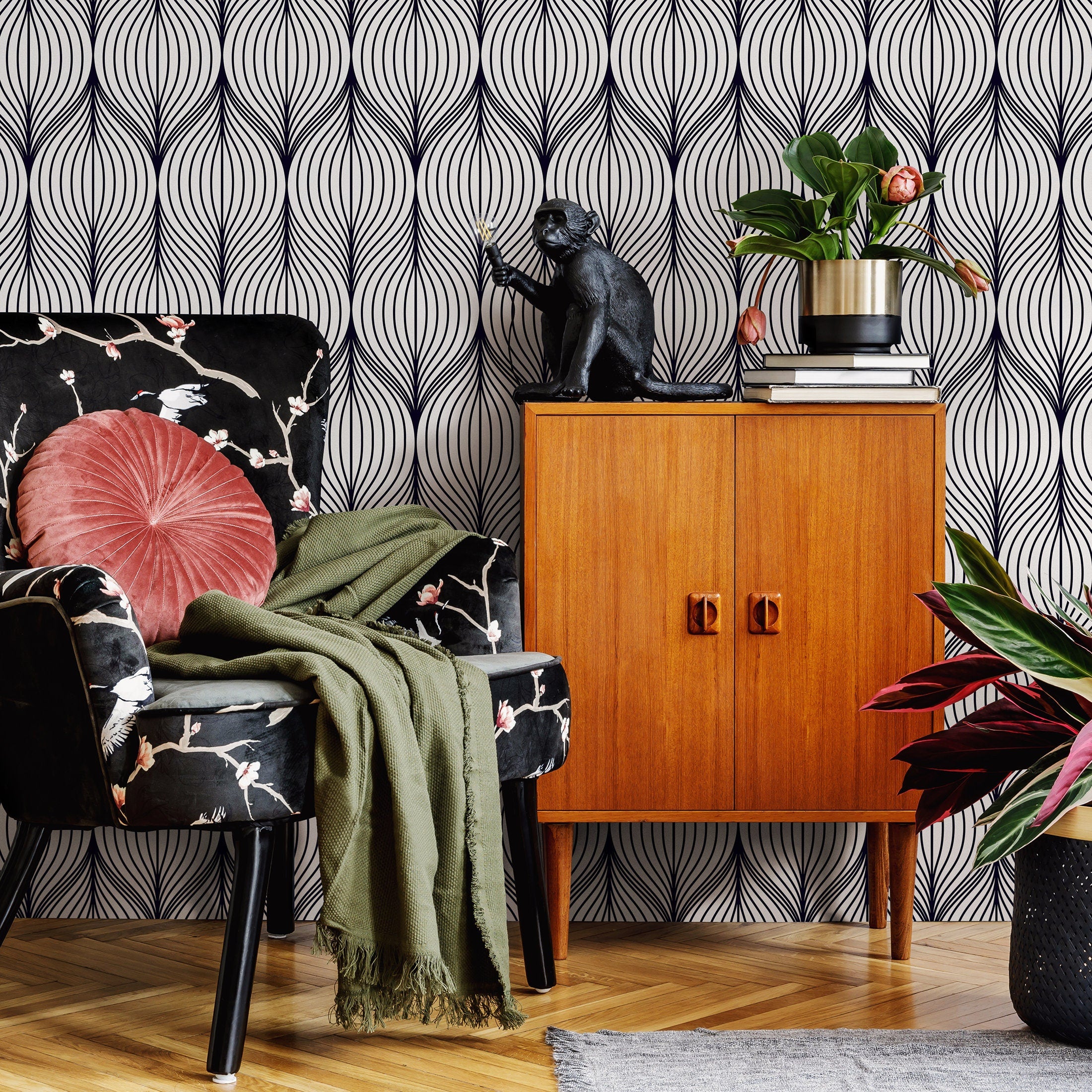 Geometric Wallpaper With Wavy Art Deco Lines In Black - A725