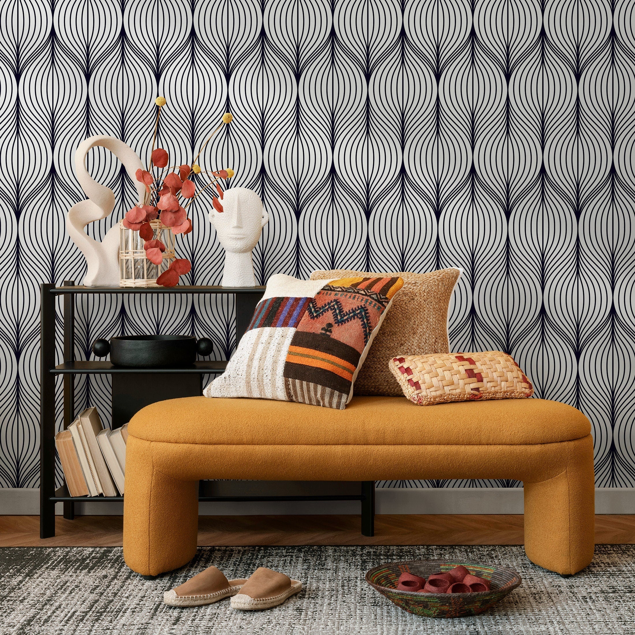 Geometric Wallpaper With Wavy Art Deco Lines In Black - A725