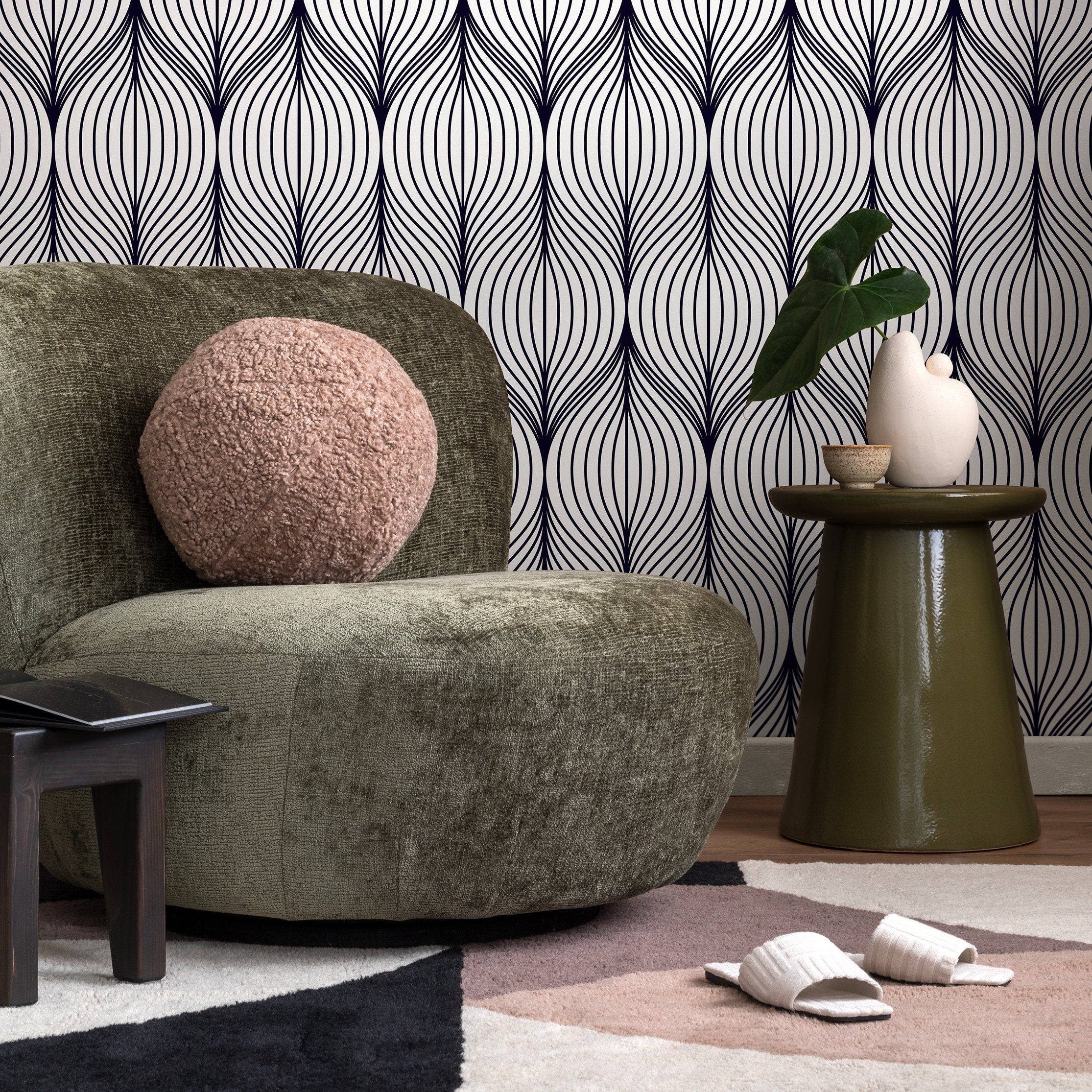 Geometric Wallpaper With Wavy Art Deco Lines In Black - A725