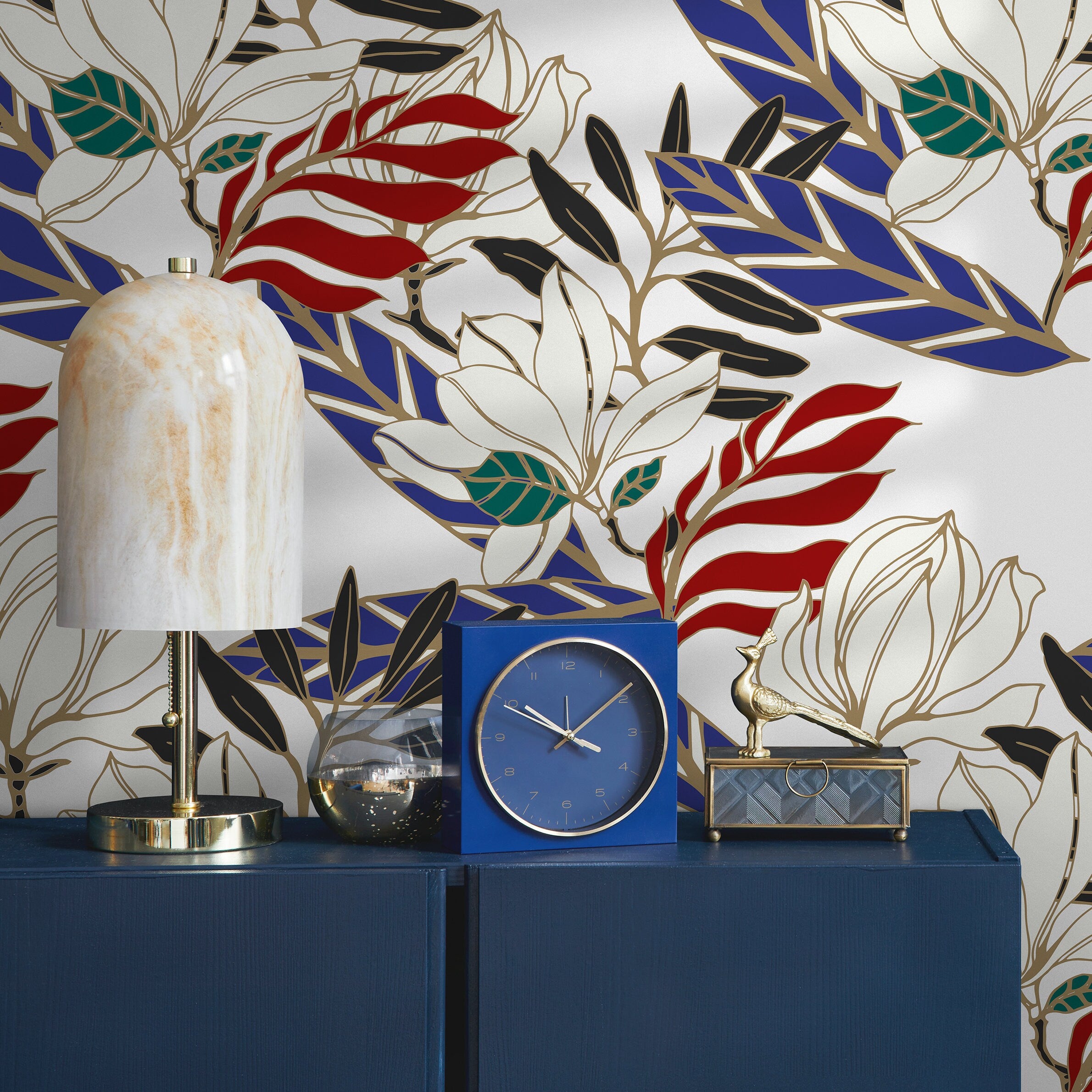 Floral Wallpaper With A Bold Botanical Print In Blue, Red, Black, And Gold - B321