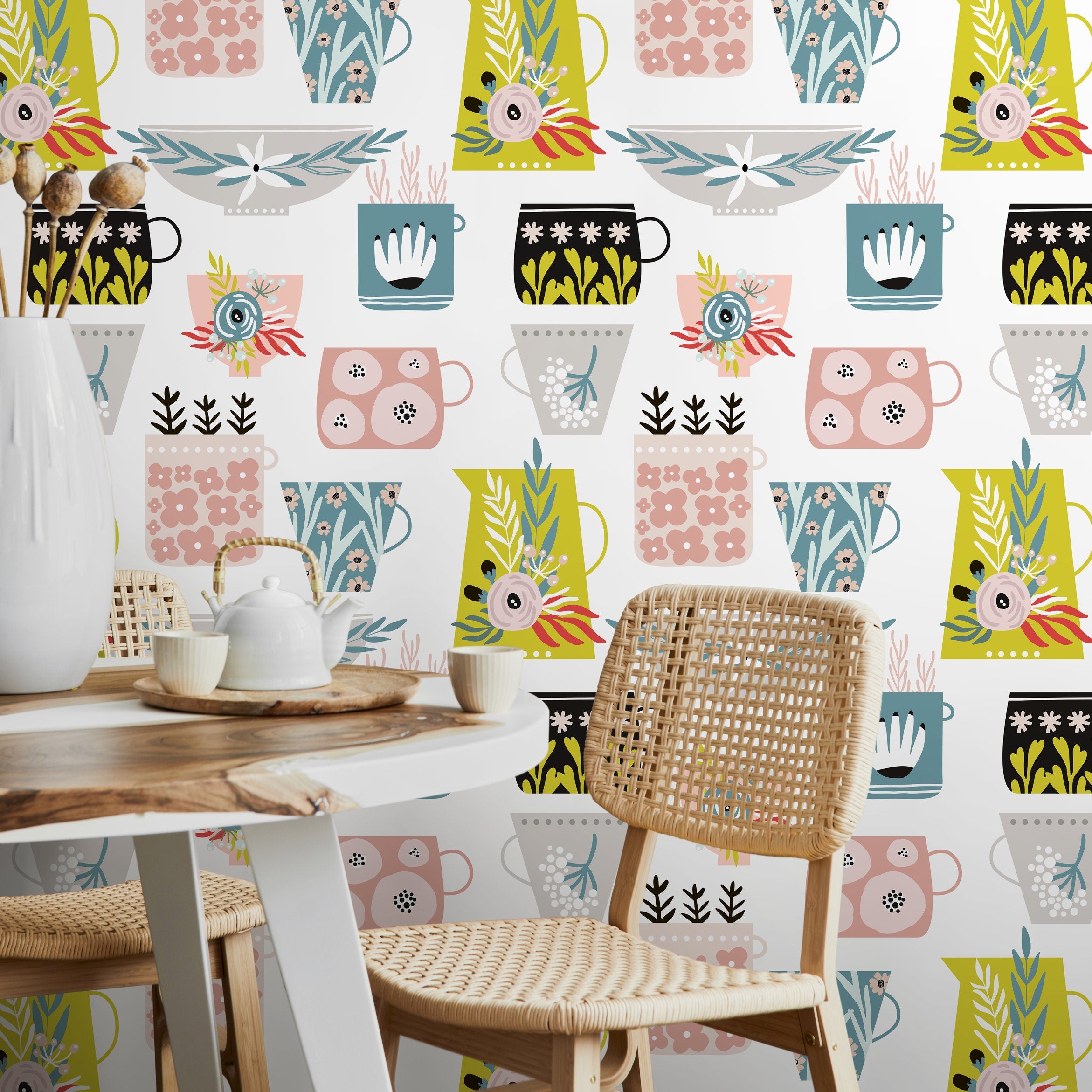 Scandinavian Wallpaper Featuring Whimsical Kitchenware In Teal, Pink, And Green - B328