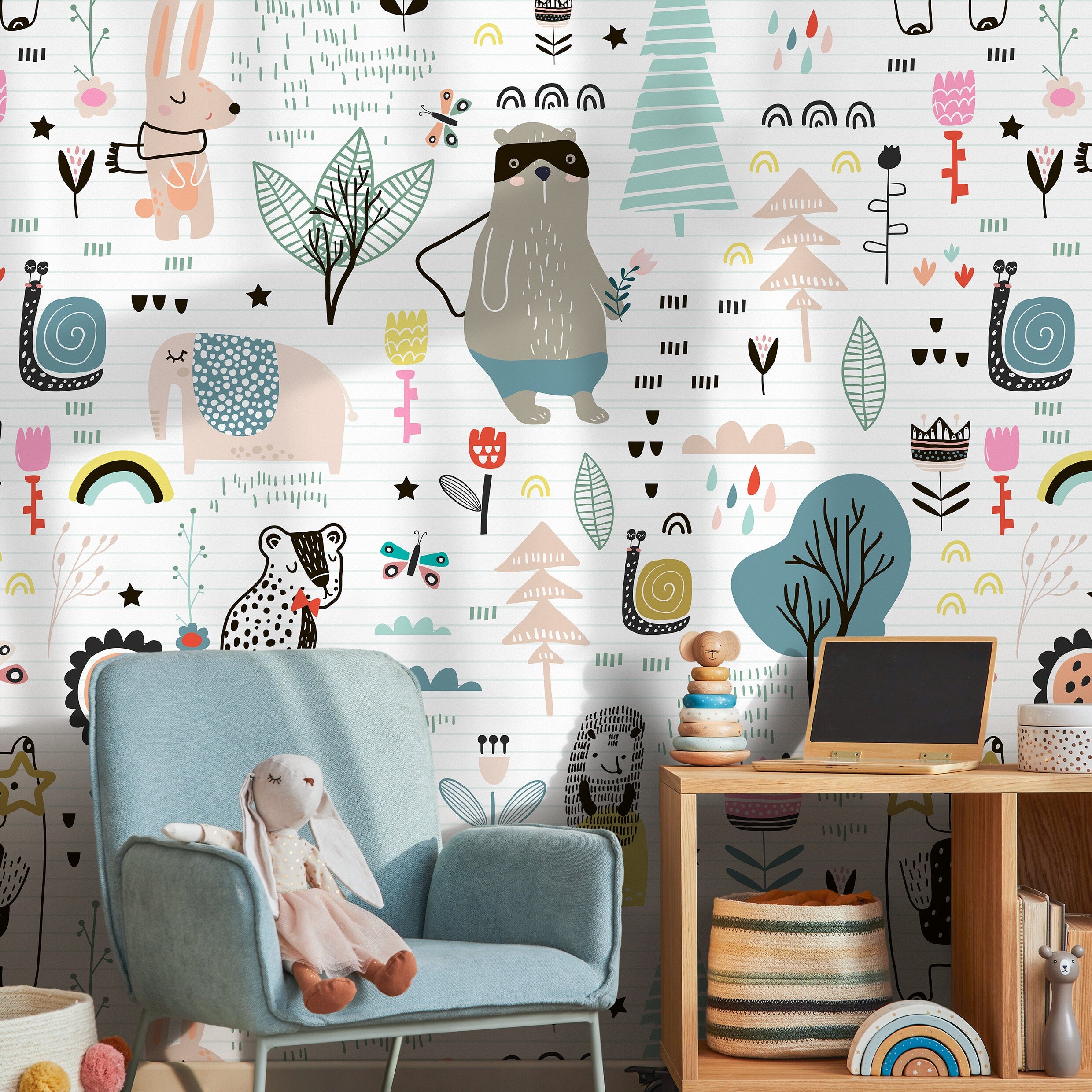 Kids Wallpaper With Whimsical Woodland Animals In Teal, Pink, And Yellow - B331