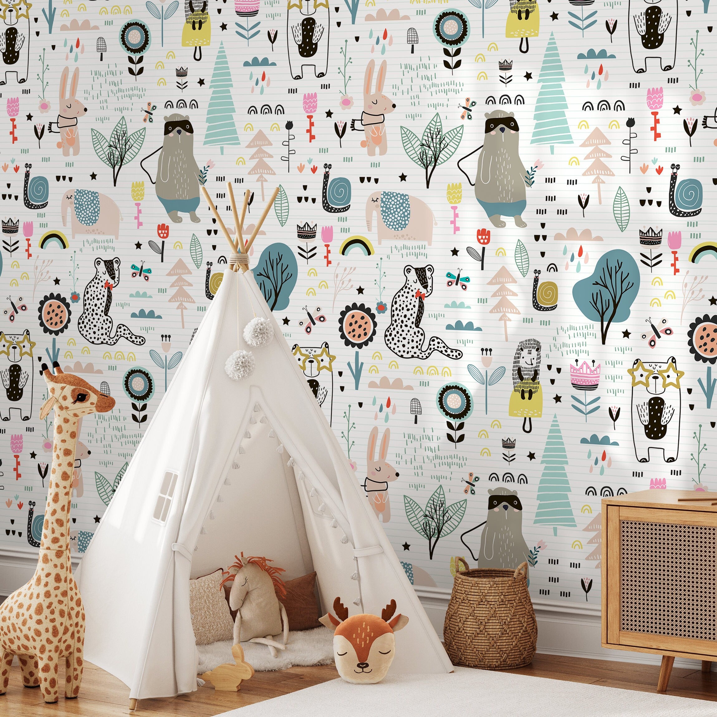 Kids Wallpaper With Whimsical Woodland Animals In Teal, Pink, And Yellow - B331
