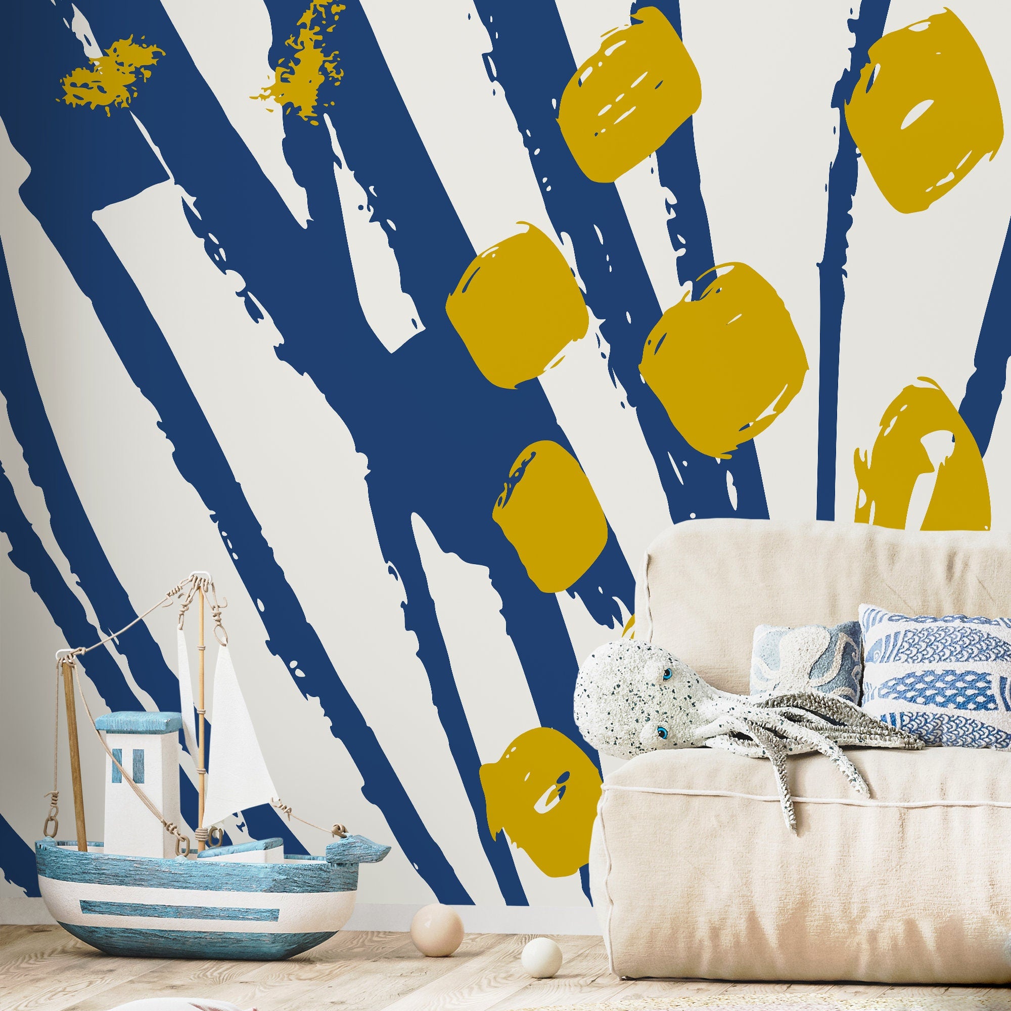 Abstract Wallpaper With Bold Brush Strokes In Blue And Yellow - B404