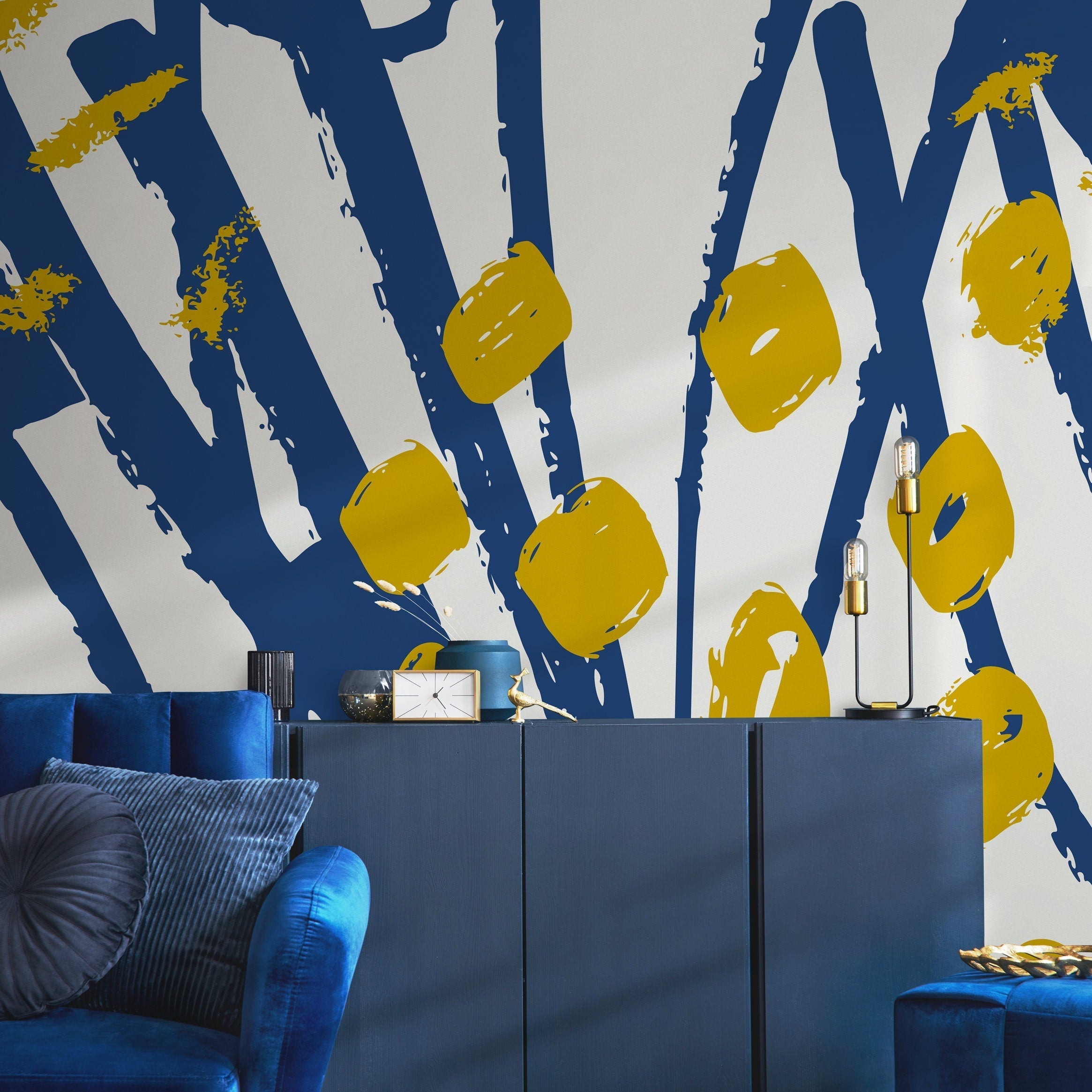 Abstract Wallpaper With Bold Brush Strokes In Blue And Yellow - B404