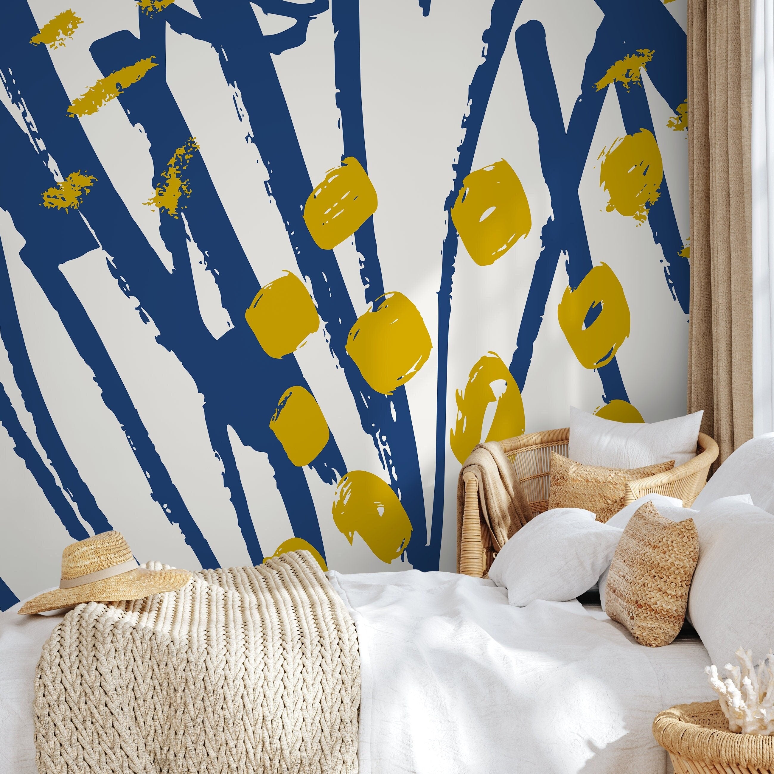 Abstract Wallpaper With Bold Brush Strokes In Blue And Yellow - B404