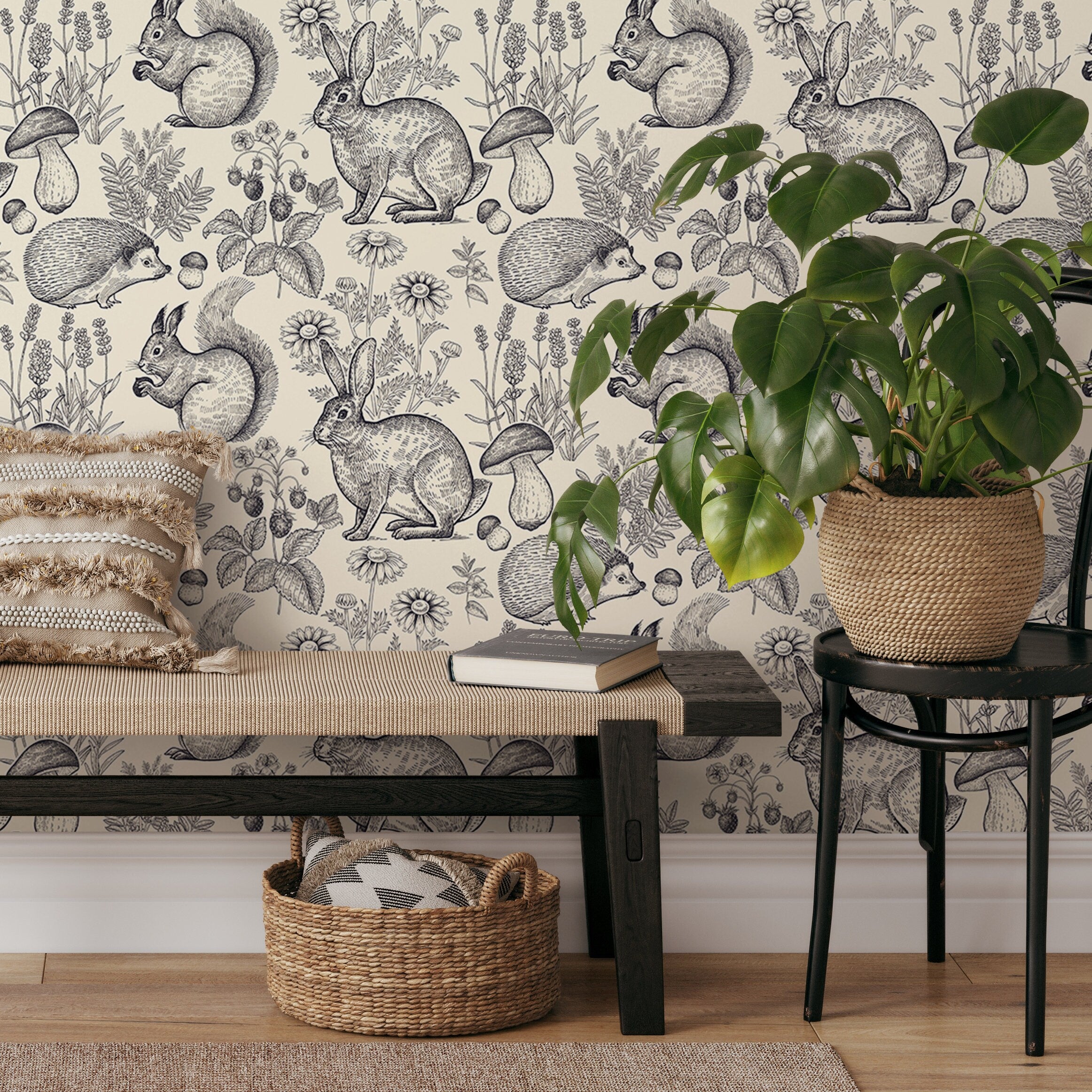 Woodland Wallpaper With Vintage Engraved Forest Animals In Black And Cream - B405