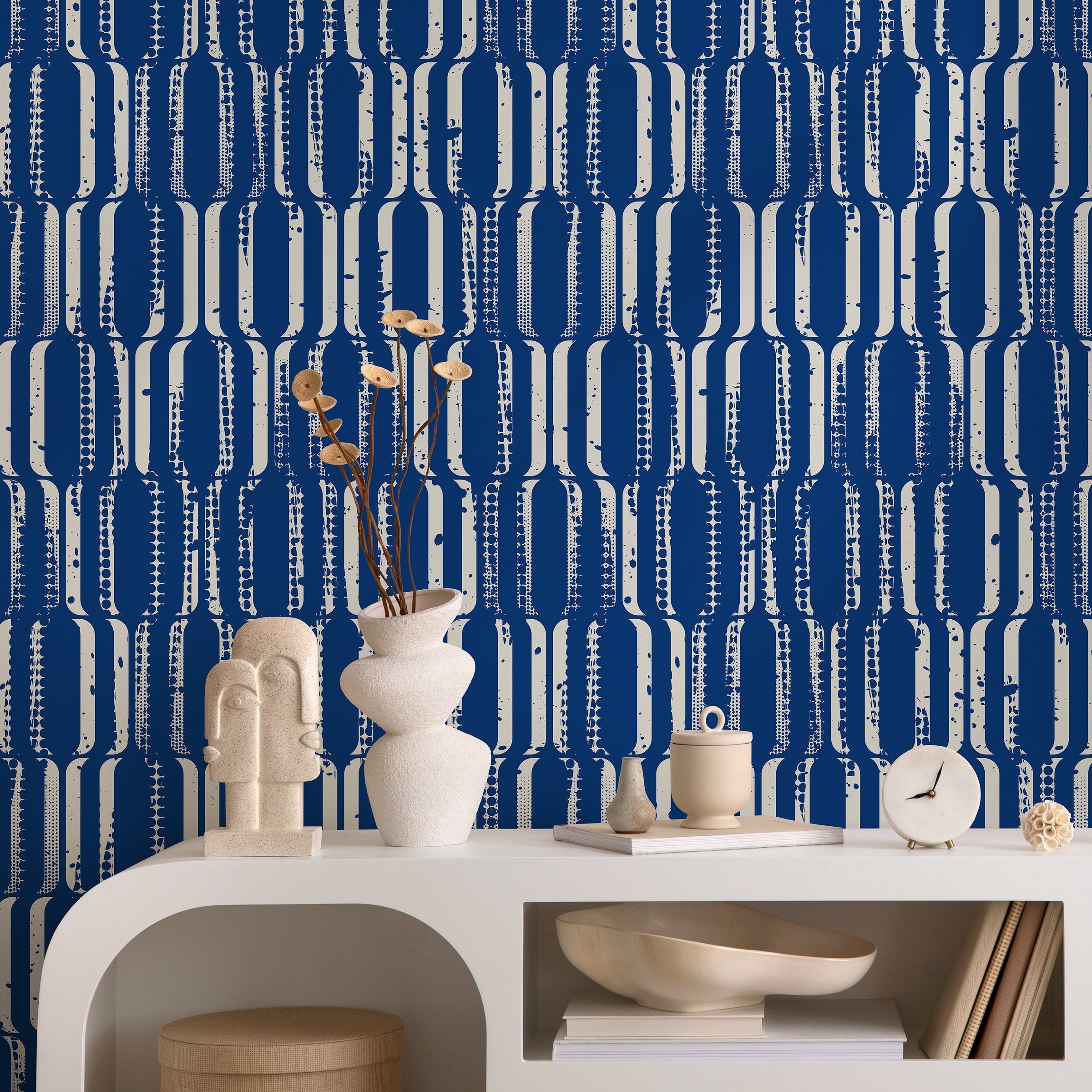 Art Deco Wallpaper With A Distressed Column Motif In Blue And White - B408