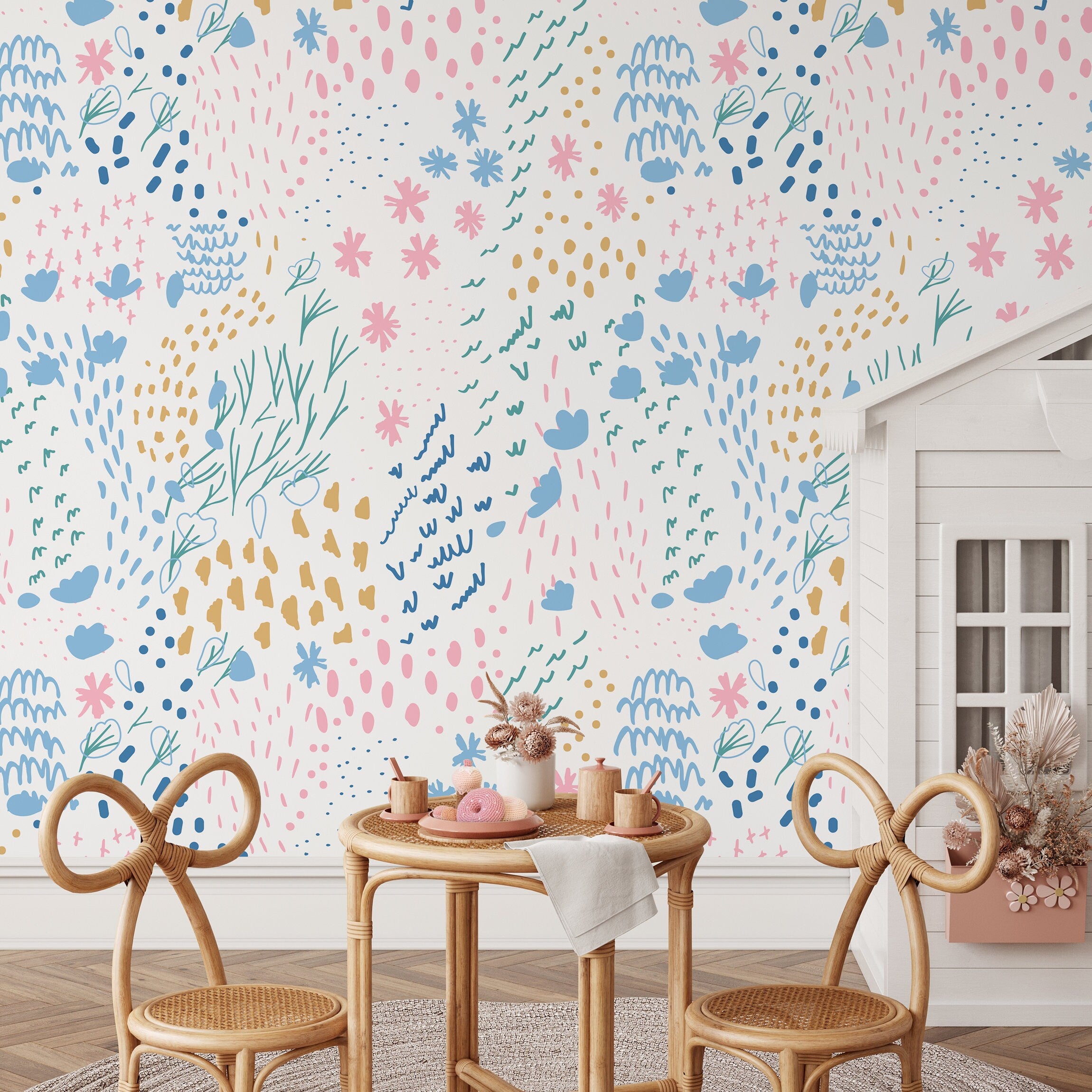 Abstract Wallpaper With Whimsical Doodles In Pink, Blue, And Gold - B412