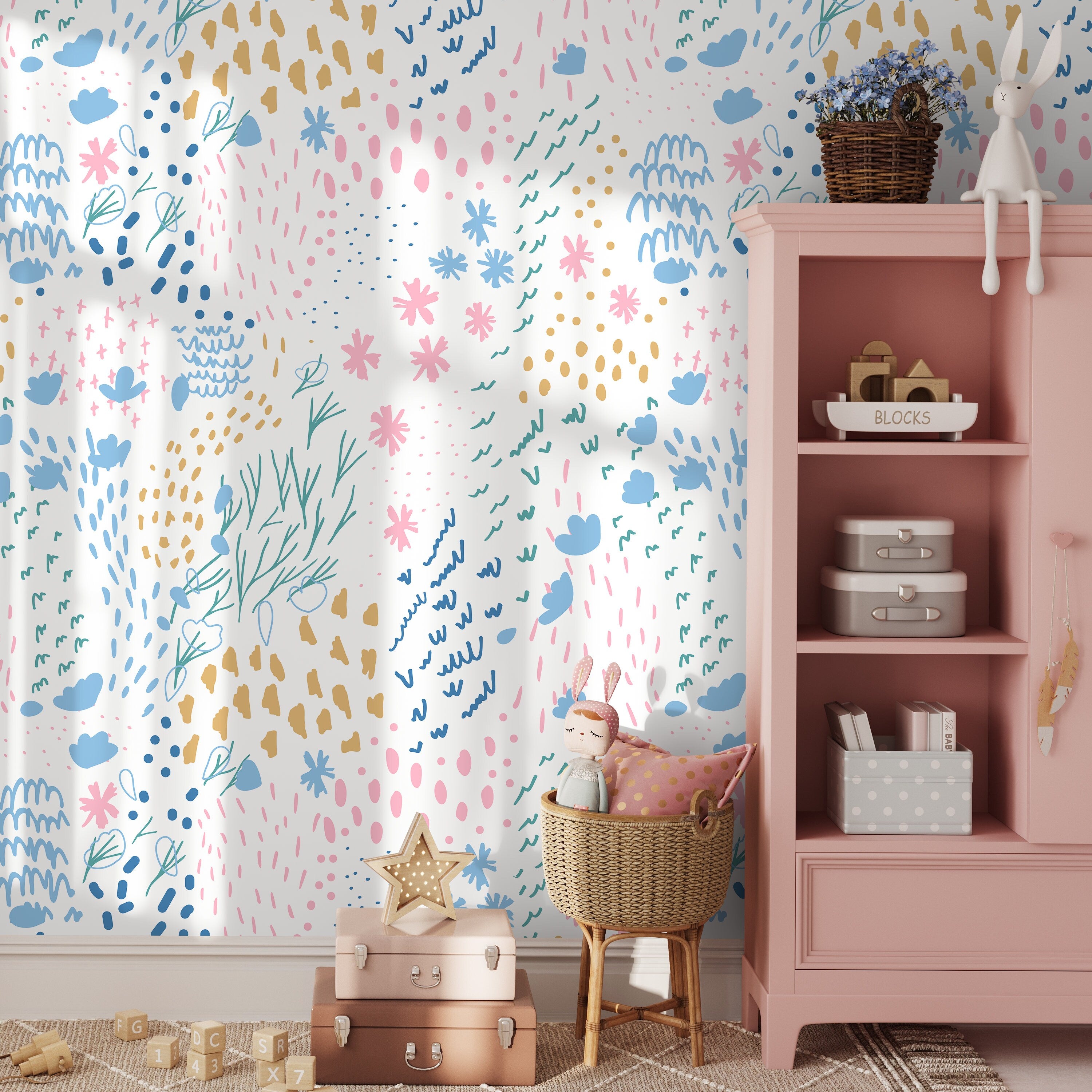 Abstract Wallpaper With Whimsical Doodles In Pink, Blue, And Gold - B412