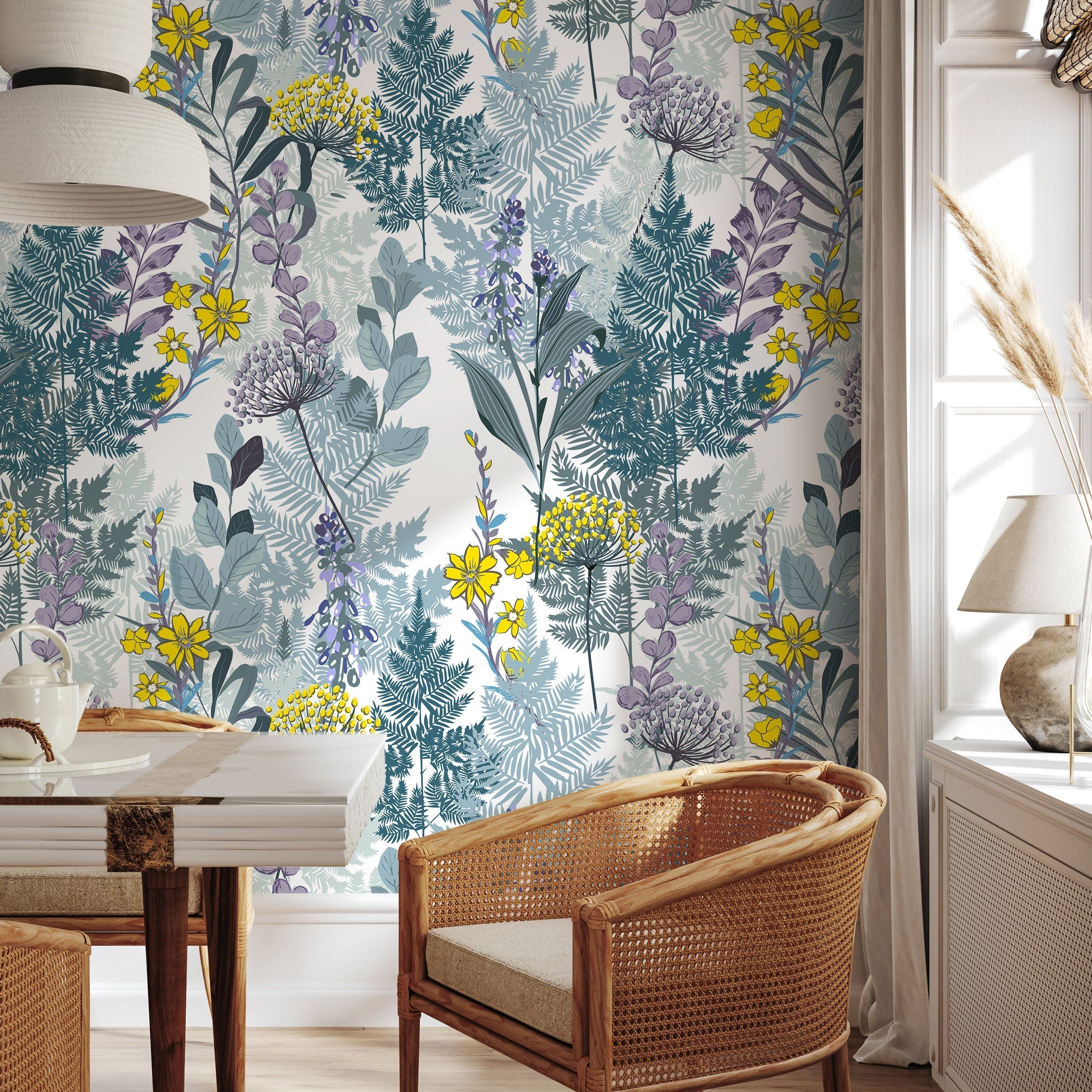 Botanical Wallpaper With Ferns And Wildflowers In Green, Yellow, And Purple - B416