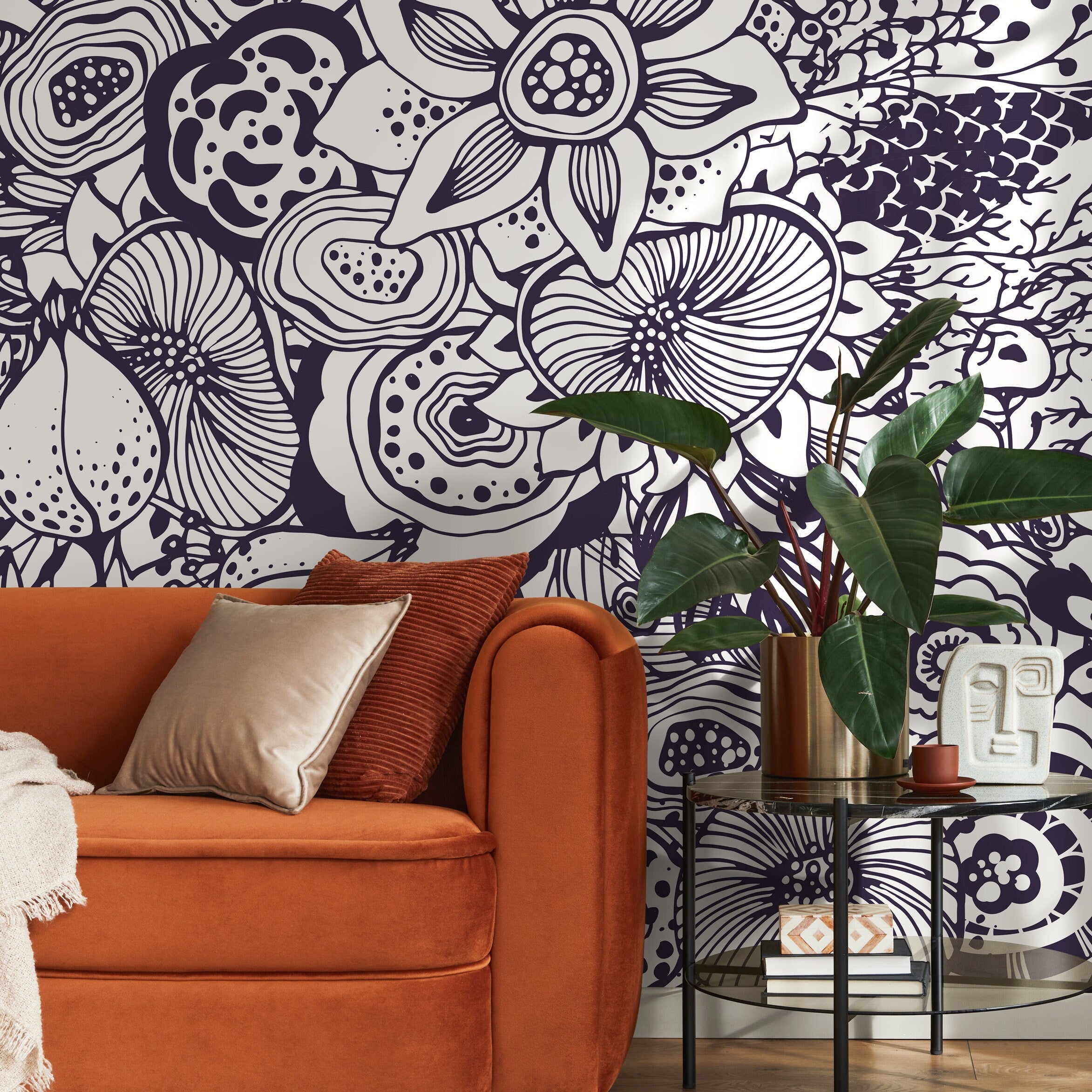 Abstract Floral Wallpaper With A Bold Line Art Motif In Dark Blue - B421