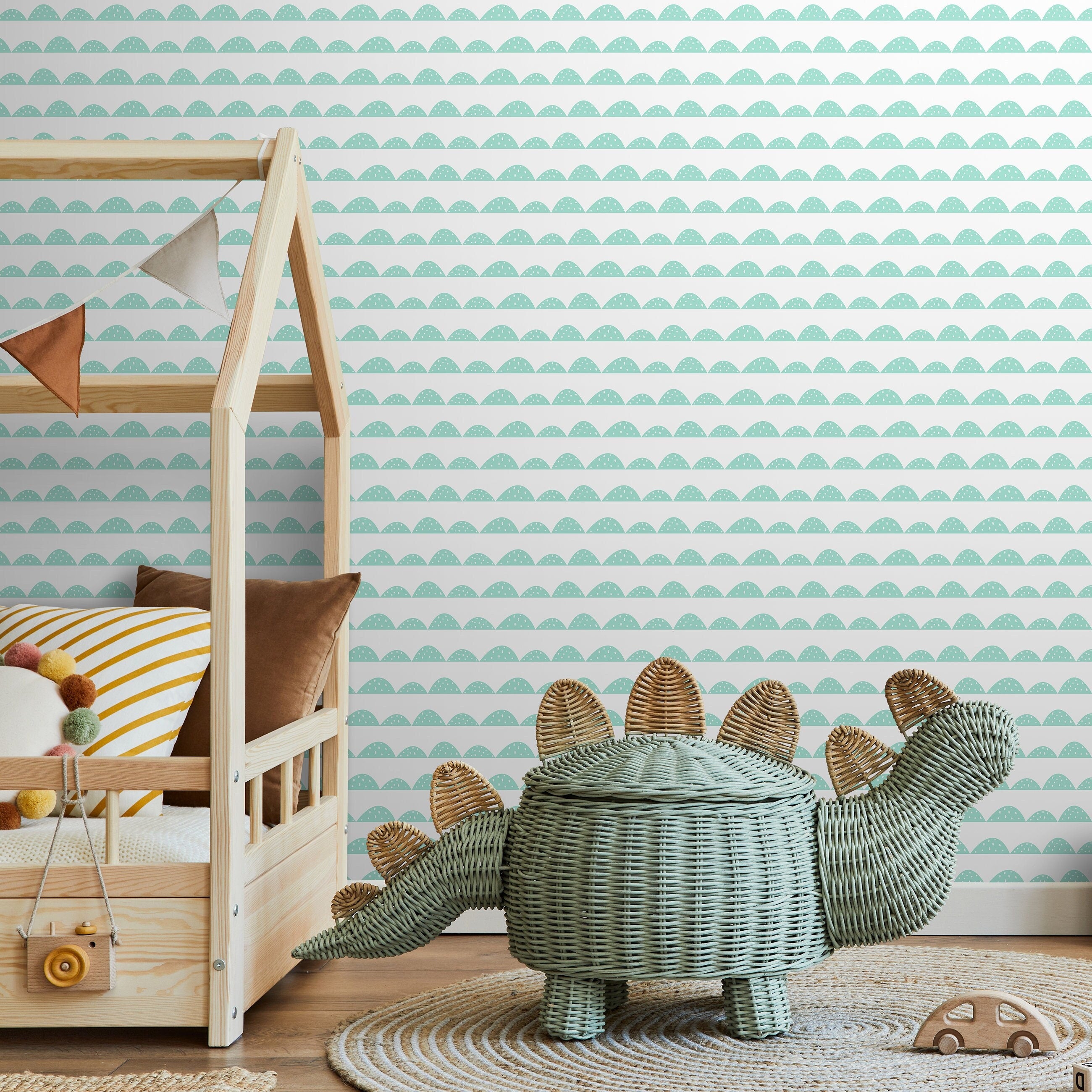 Scalloped Wallpaper With A Dotted Wave Motif In Mint Green - A358