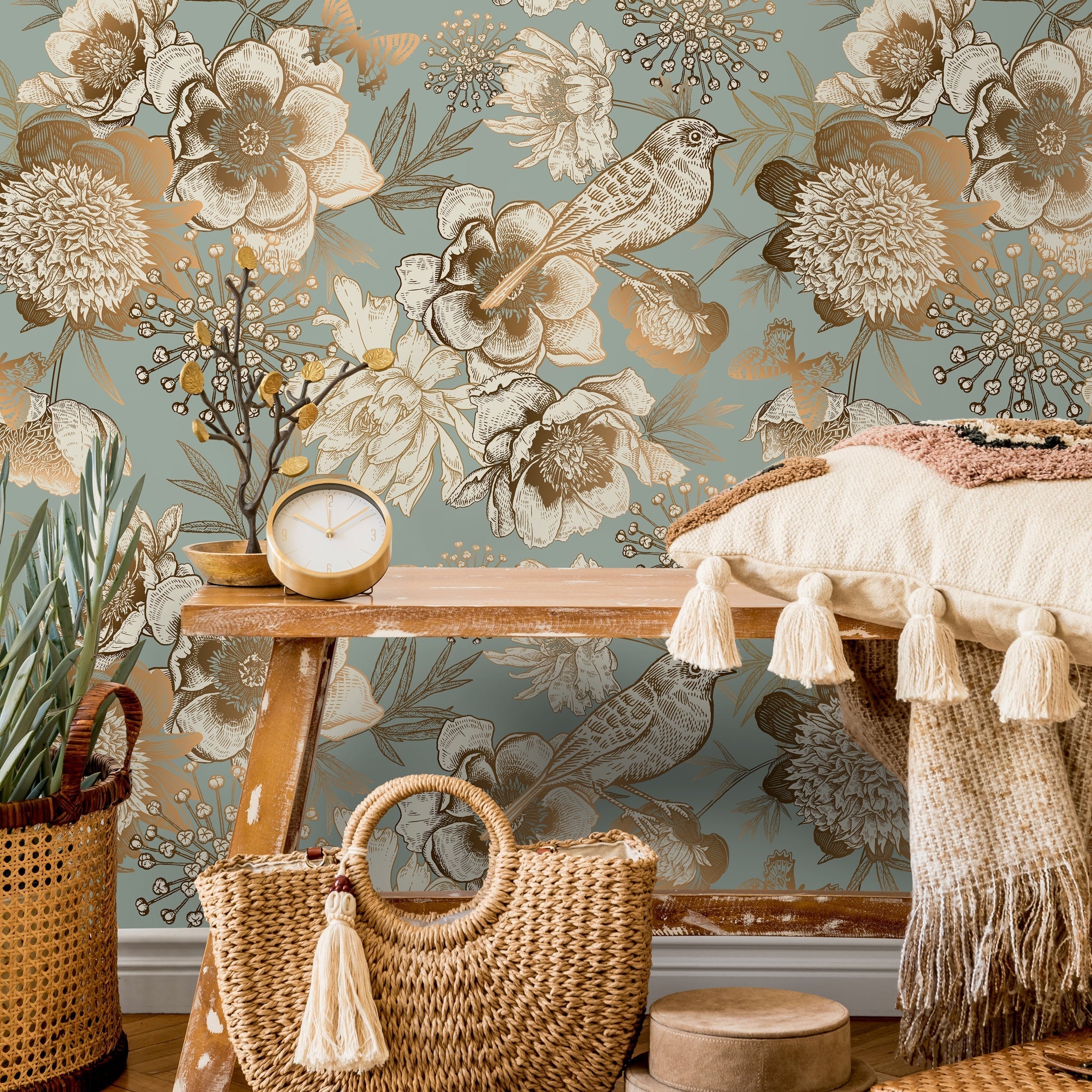 Vintage Wallpaper With Sketched Flowers And Birds In Mint, Gold, And Ivory - A918