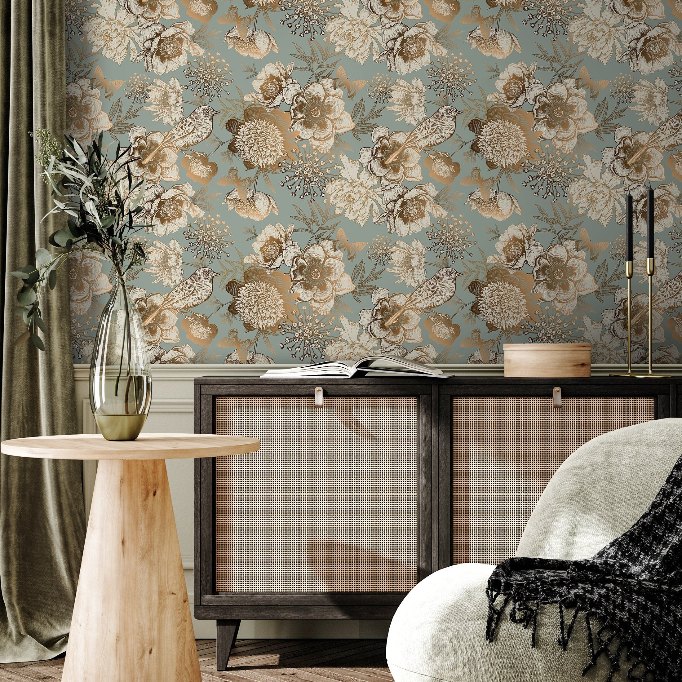 Vintage Wallpaper With Sketched Flowers And Birds In Mint, Gold, And Ivory - A918