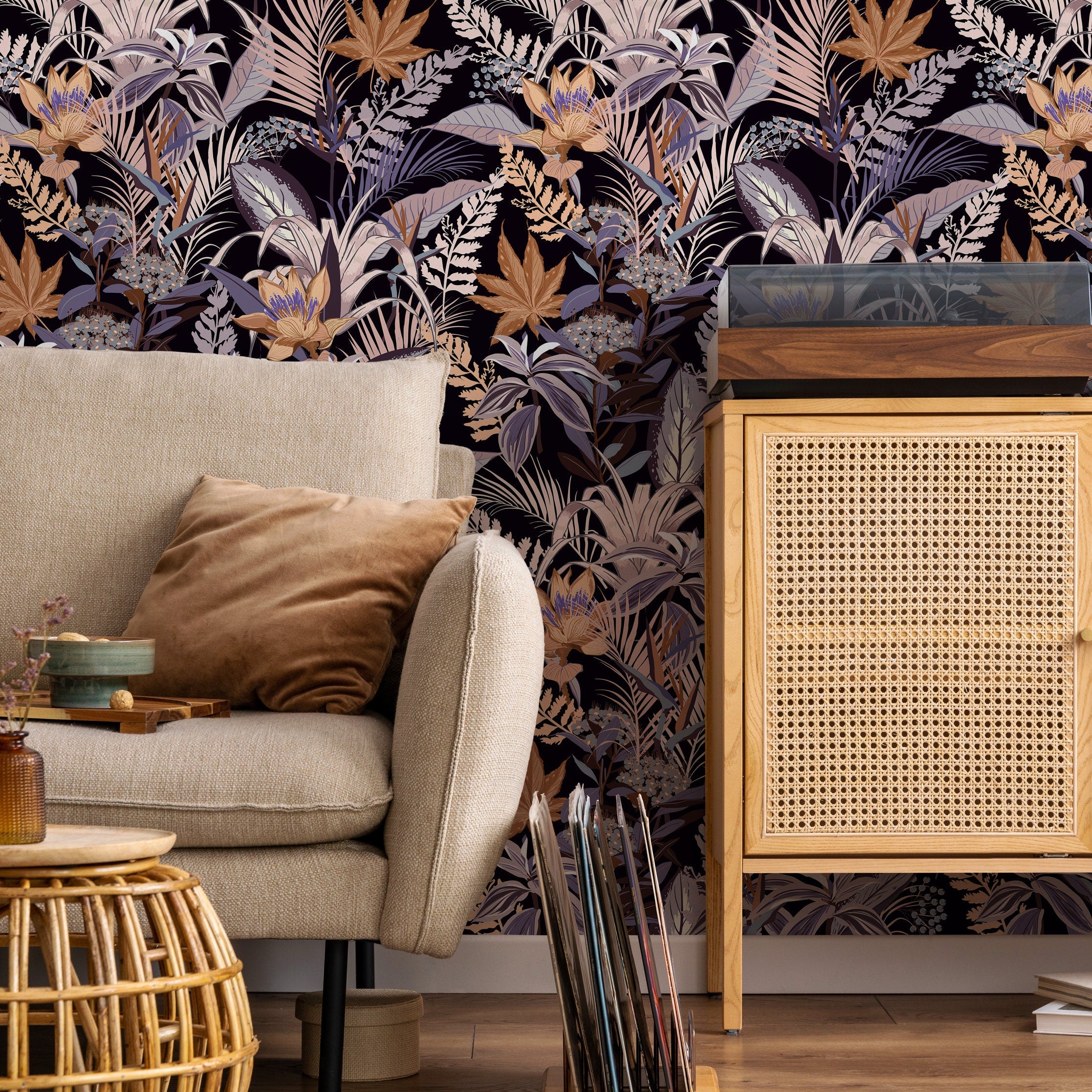 Botanical Wallpaper With Exotic Jungle Foliage In Purple, Brown, And Beige - B429