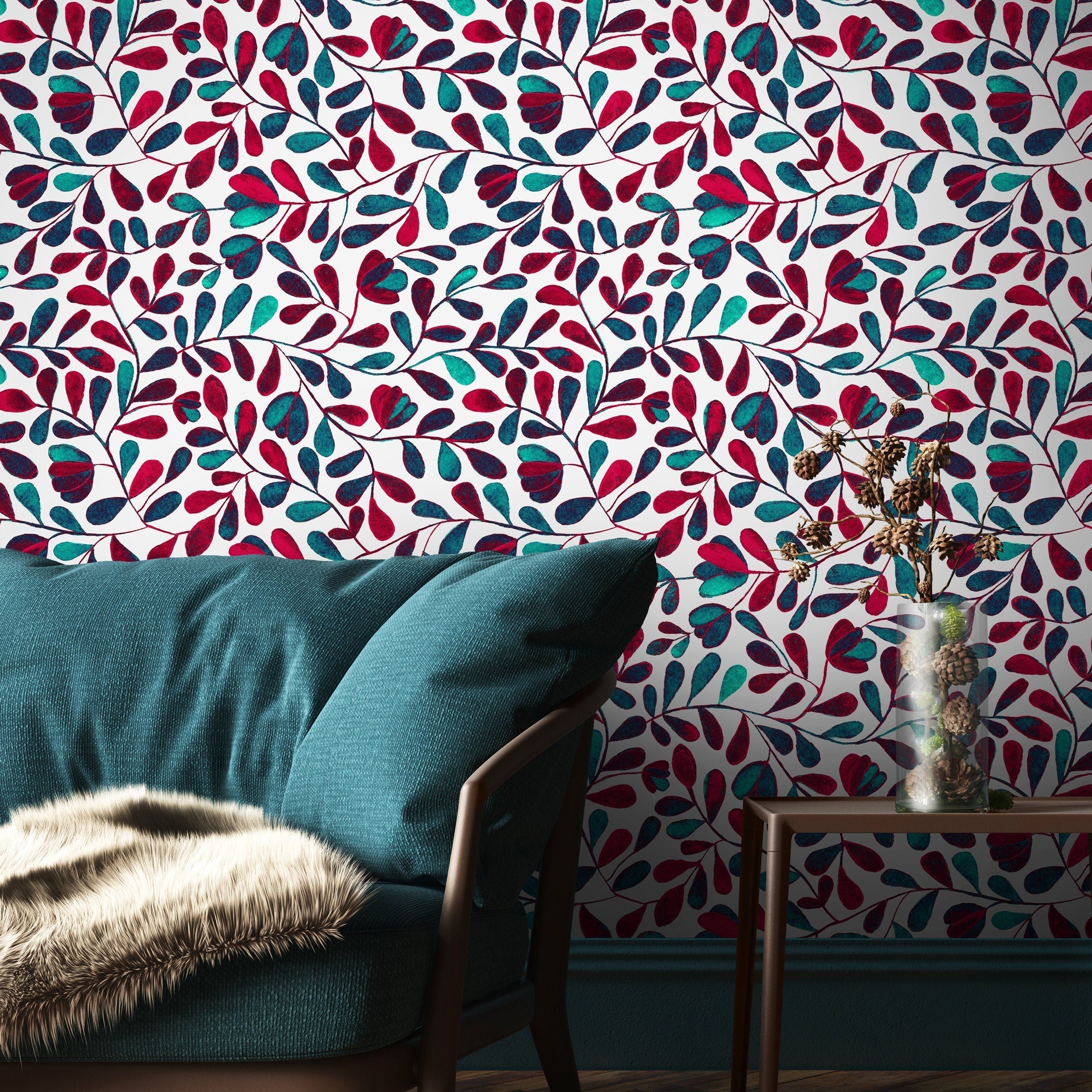 Botanical Wallpaper With Stylized Vines In Red, Teal, And Navy Blue - B430