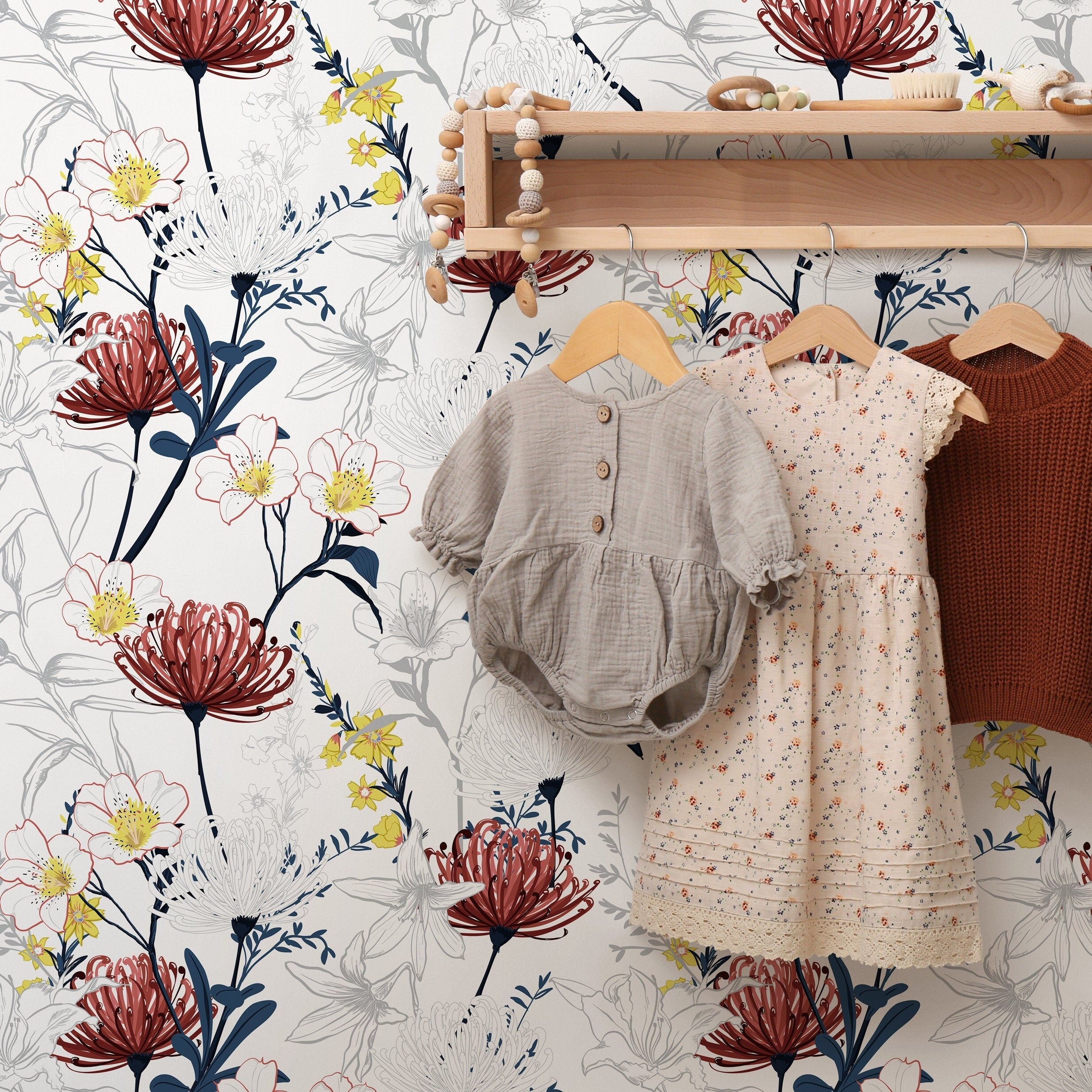 Floral Wallpaper With Outlined Tropical Blooms In Red, Blue, And Yellow - B432