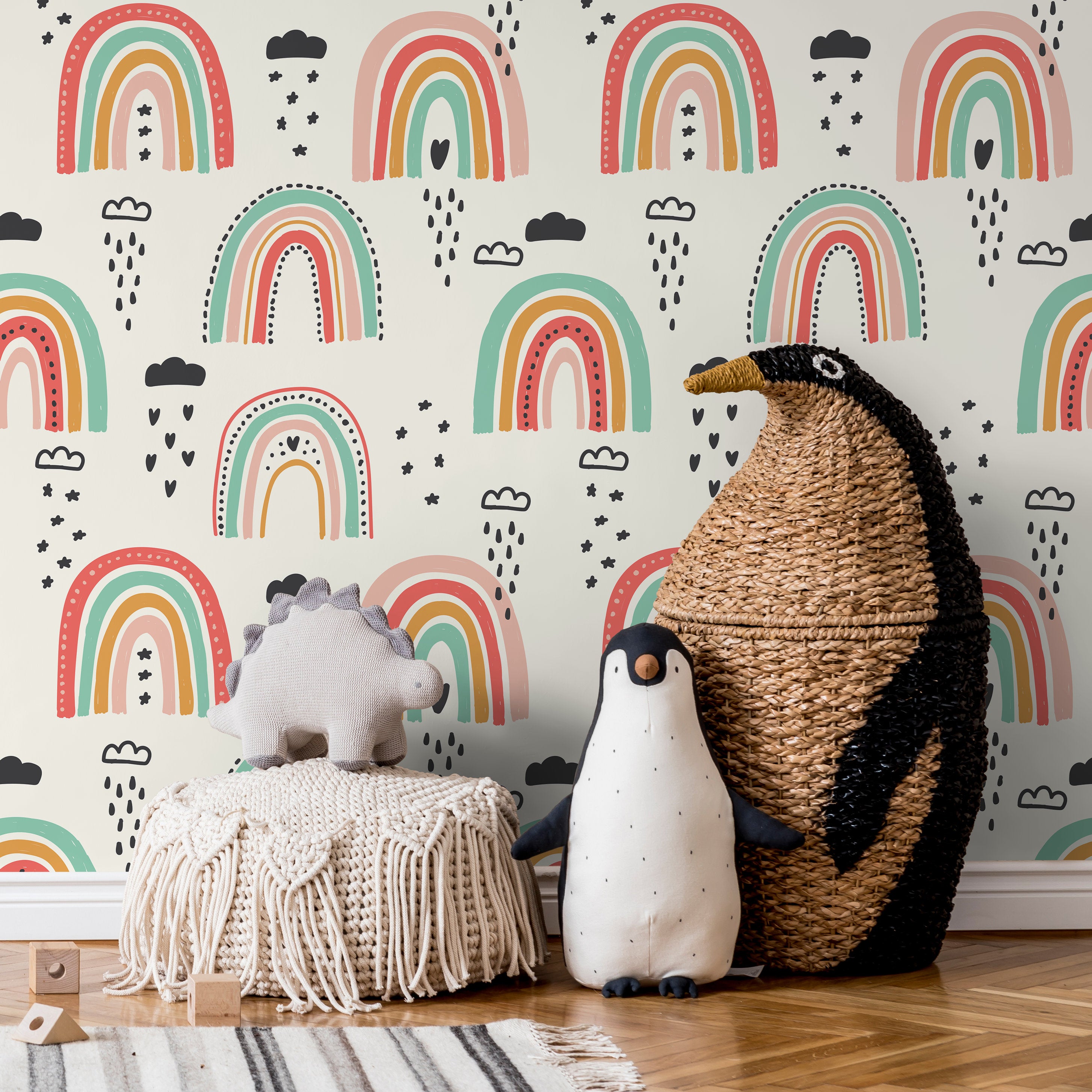 Rainbow Wallpaper With A Whimsical Hand-drawn Motif In Red, Teal, And Pink - B489