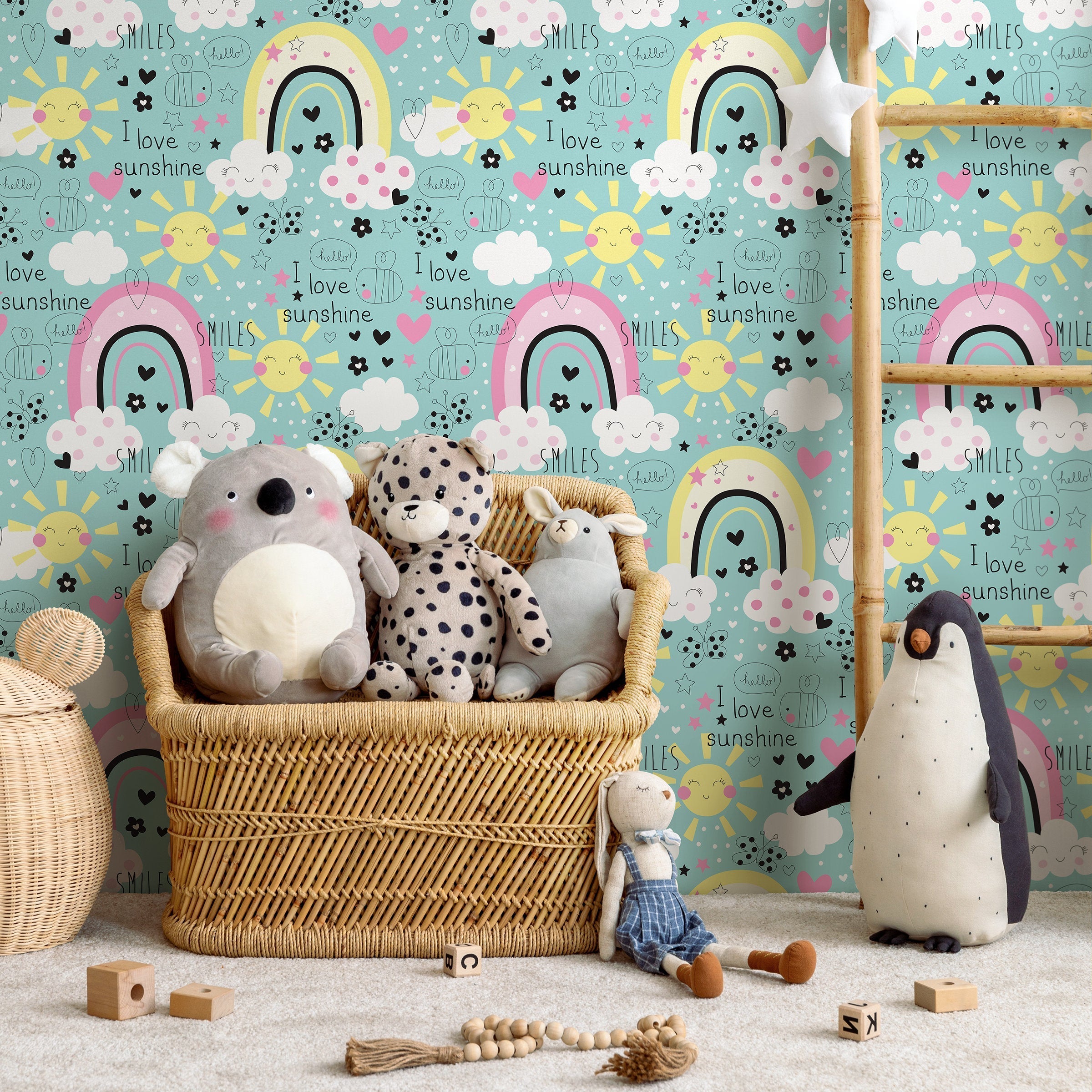 Kids Wallpaper With Sunshine And Rainbows In Pink, Yellow, And Teal - B490