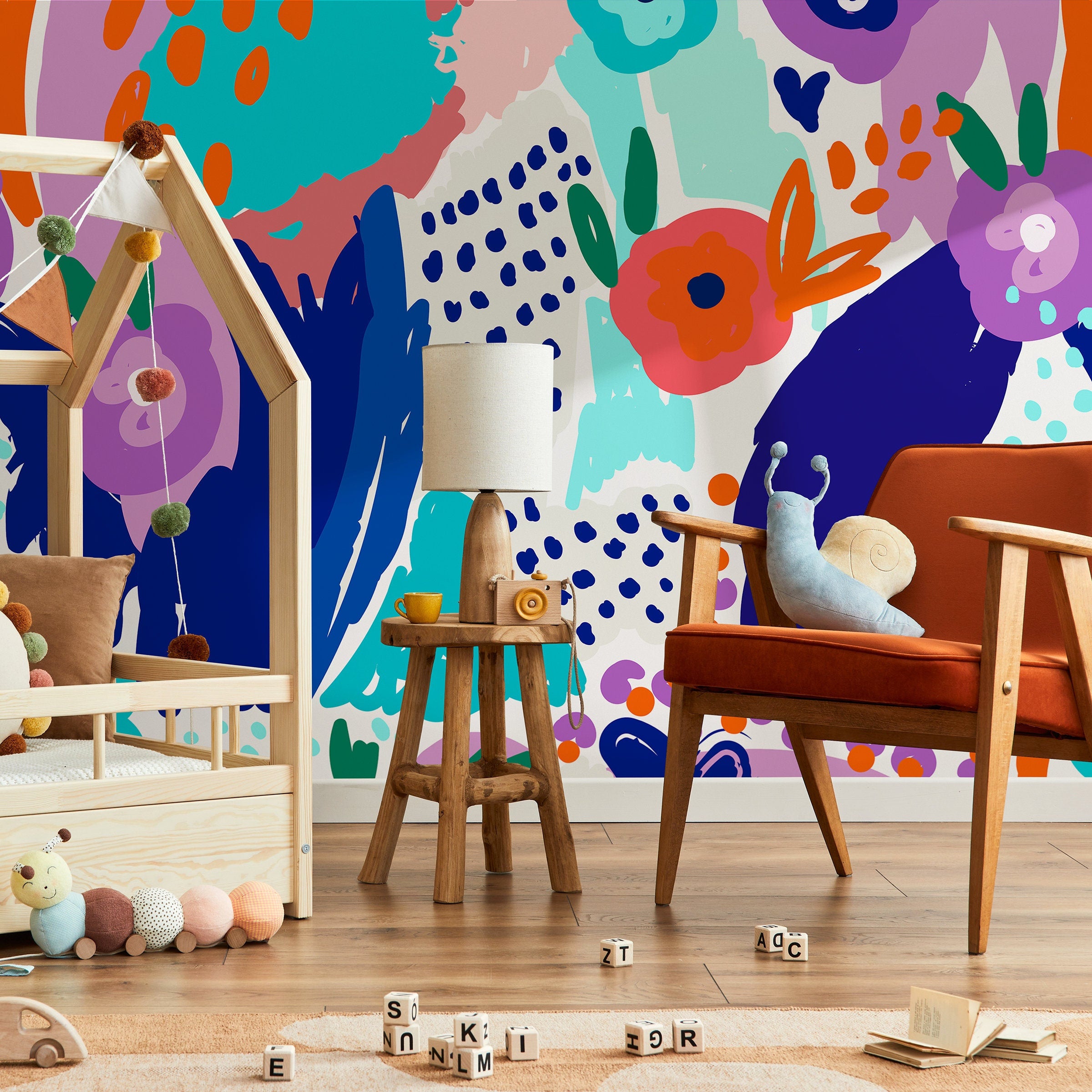 Abstract Wallpaper With Bold Floral And Organic Shapes In Blue, Purple, And Orange - B502